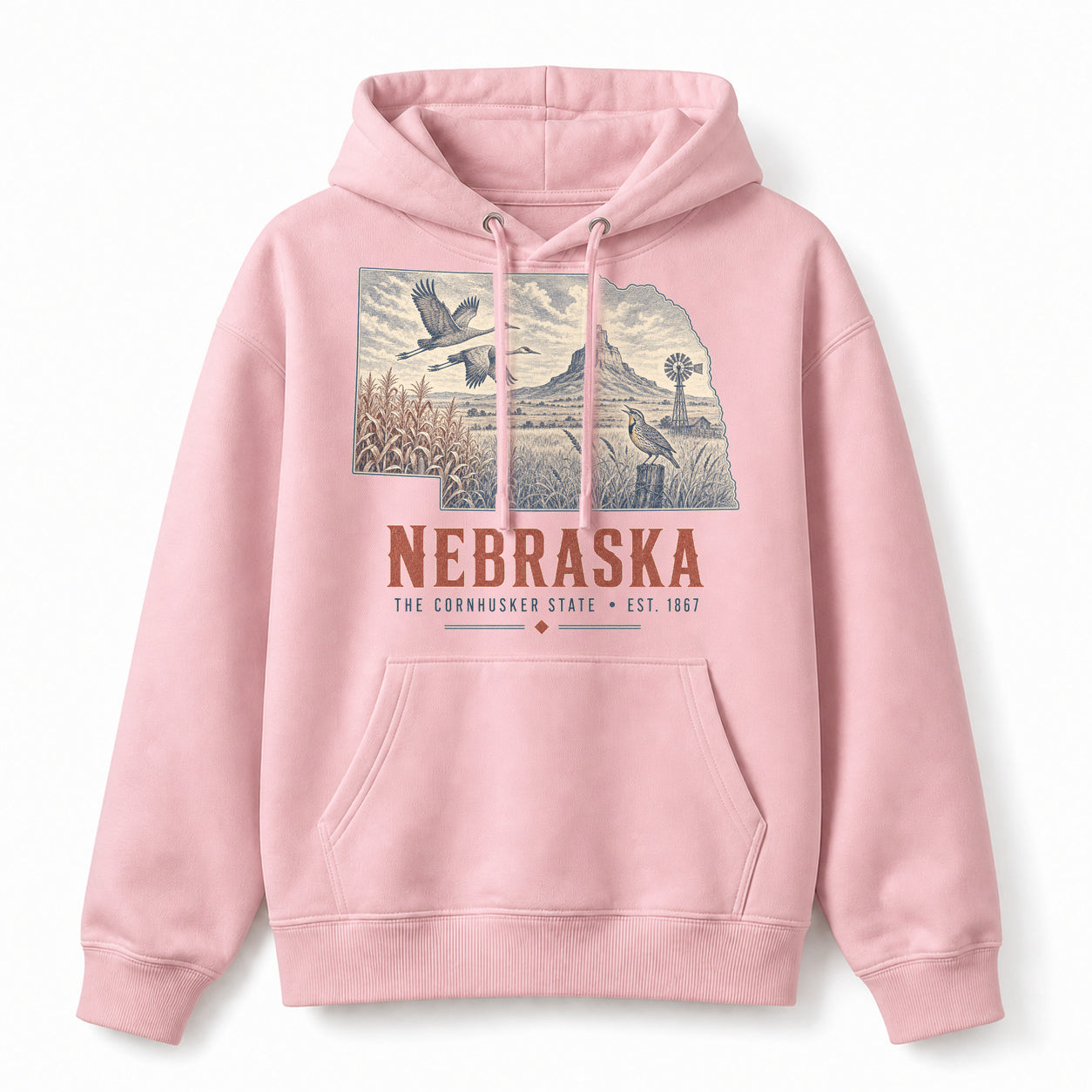 Vintage Nebraska State Graphic Pullover Hoodie in Light Pink, front view on a white background