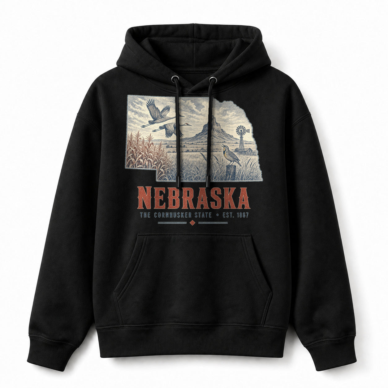 Vintage Nebraska State Graphic Pullover Hoodie in Black, front view on a white background