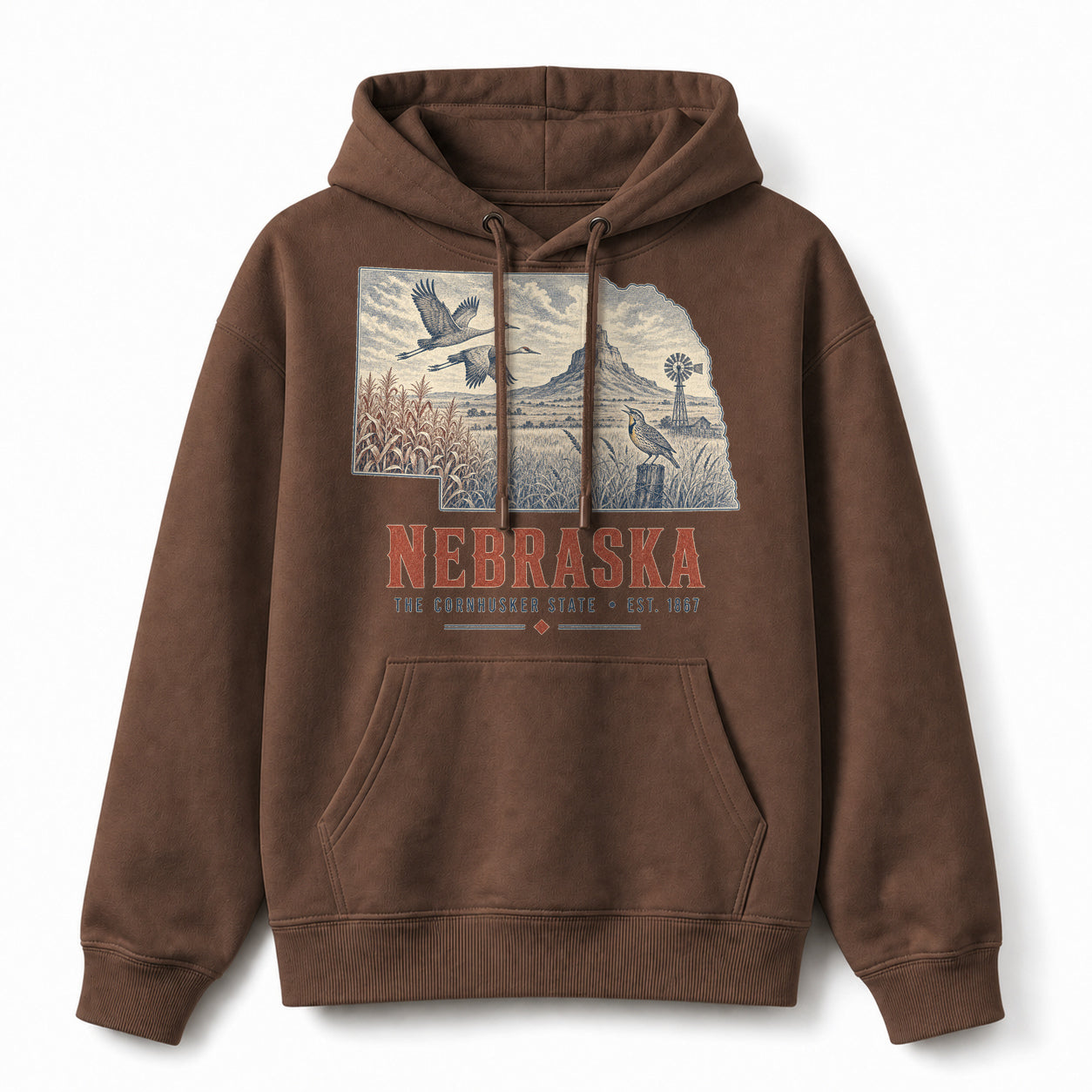 Vintage Nebraska State Graphic Pullover Hoodie in Coffee Brown, front view on a white background