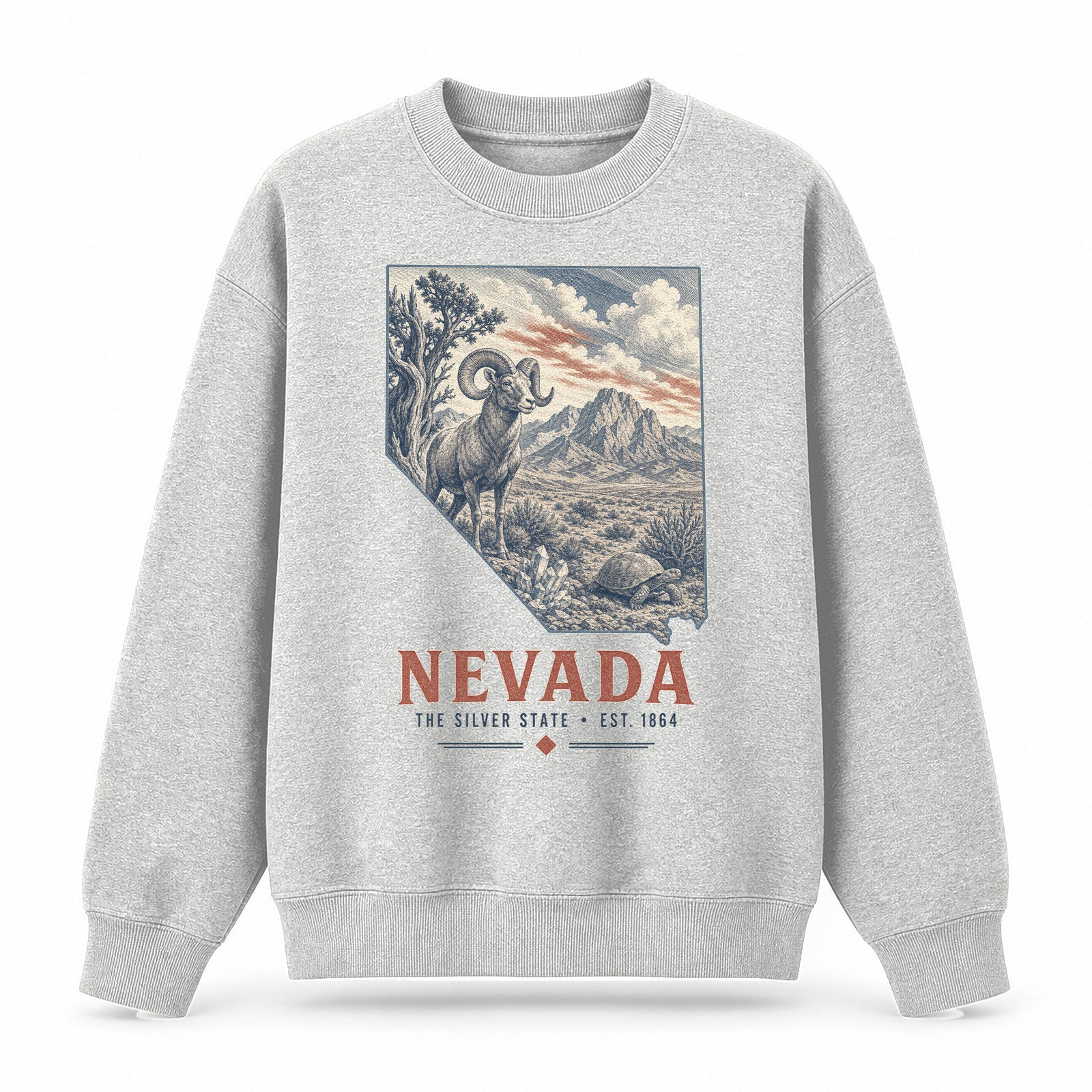 Vintage Nevada State Graphic Crewneck Sweatshirt in Light Gray, front view on a white background