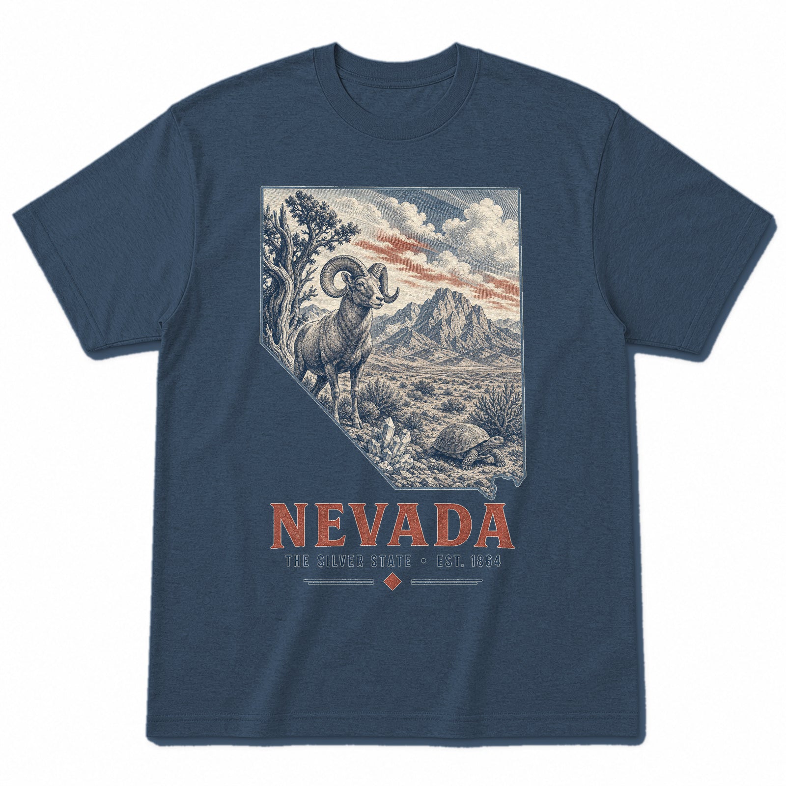 Vintage Nevada State Graphic T-Shirt in Washed Navy, front view on a white background
