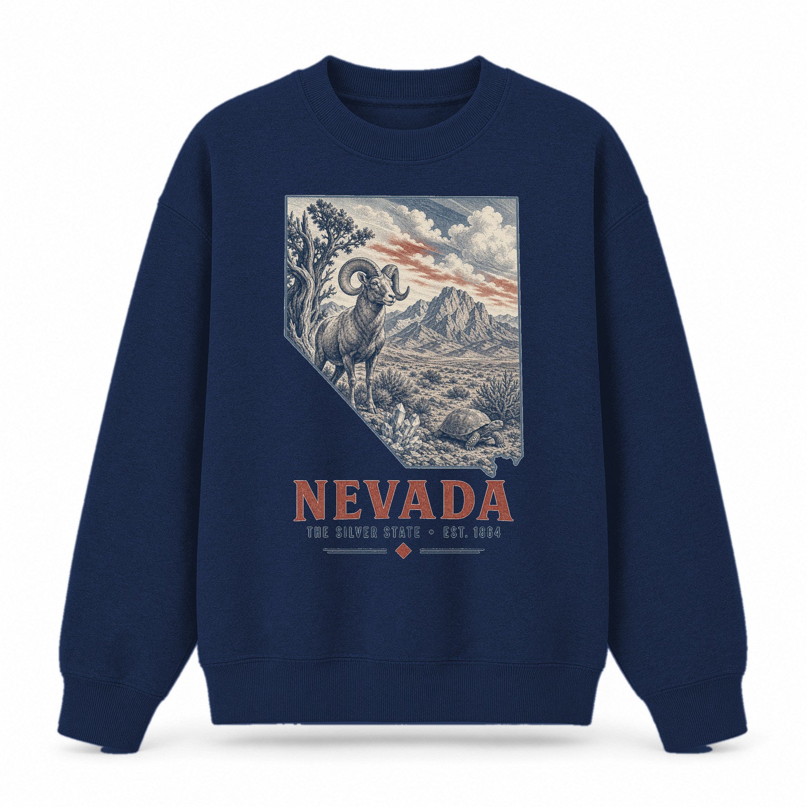 Vintage Nevada State Graphic Crewneck Sweatshirt in Navy, front view on a white background