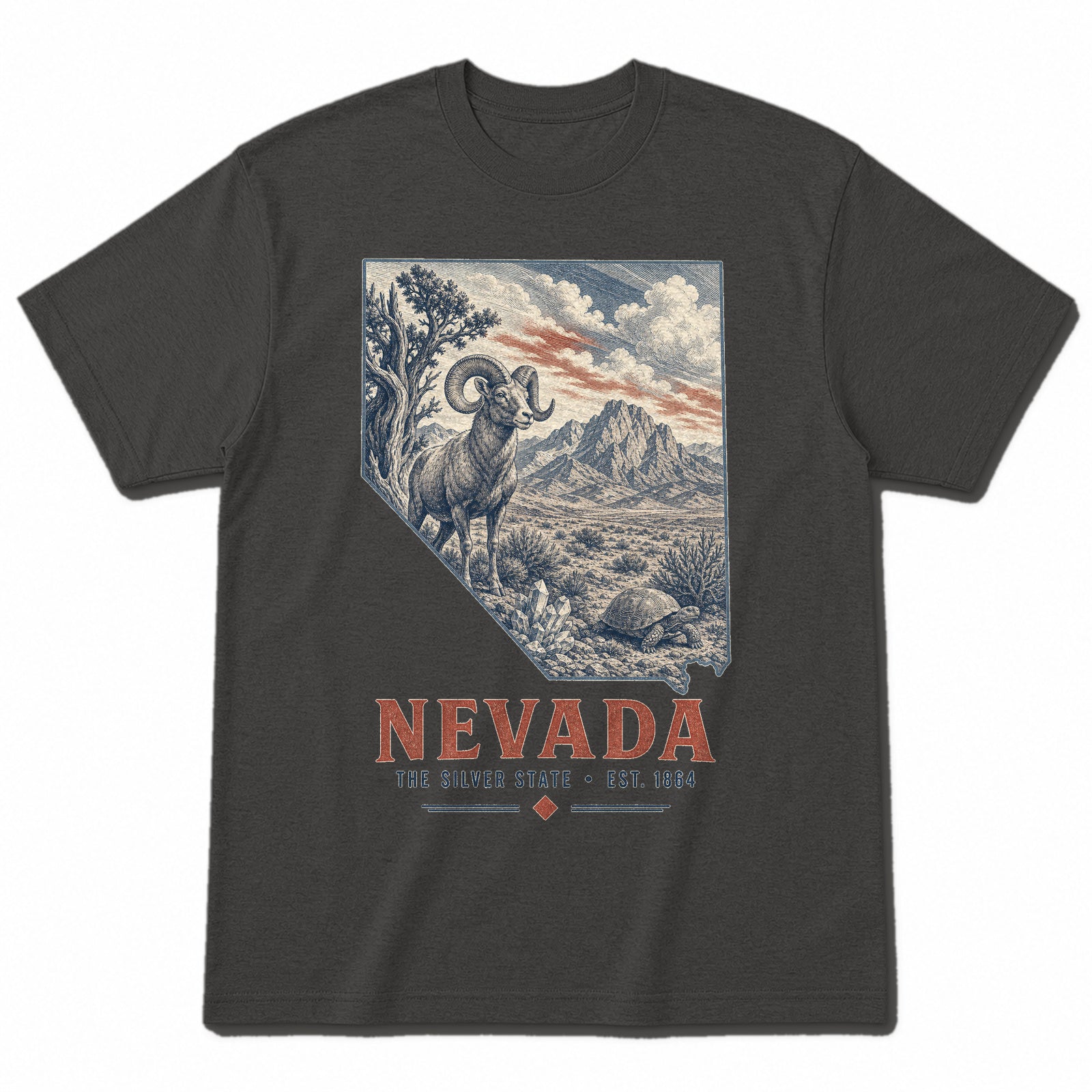 Vintage Nevada State Graphic T-Shirt in Vintage Charcoal, front view on a white background