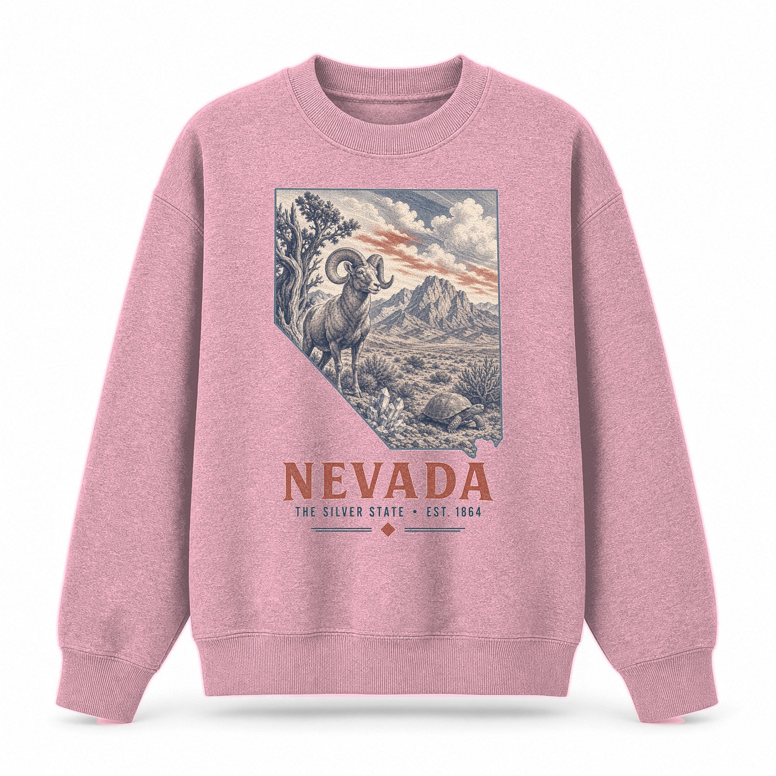Vintage Nevada State Graphic Crewneck Sweatshirt in Pink, front view on a white background