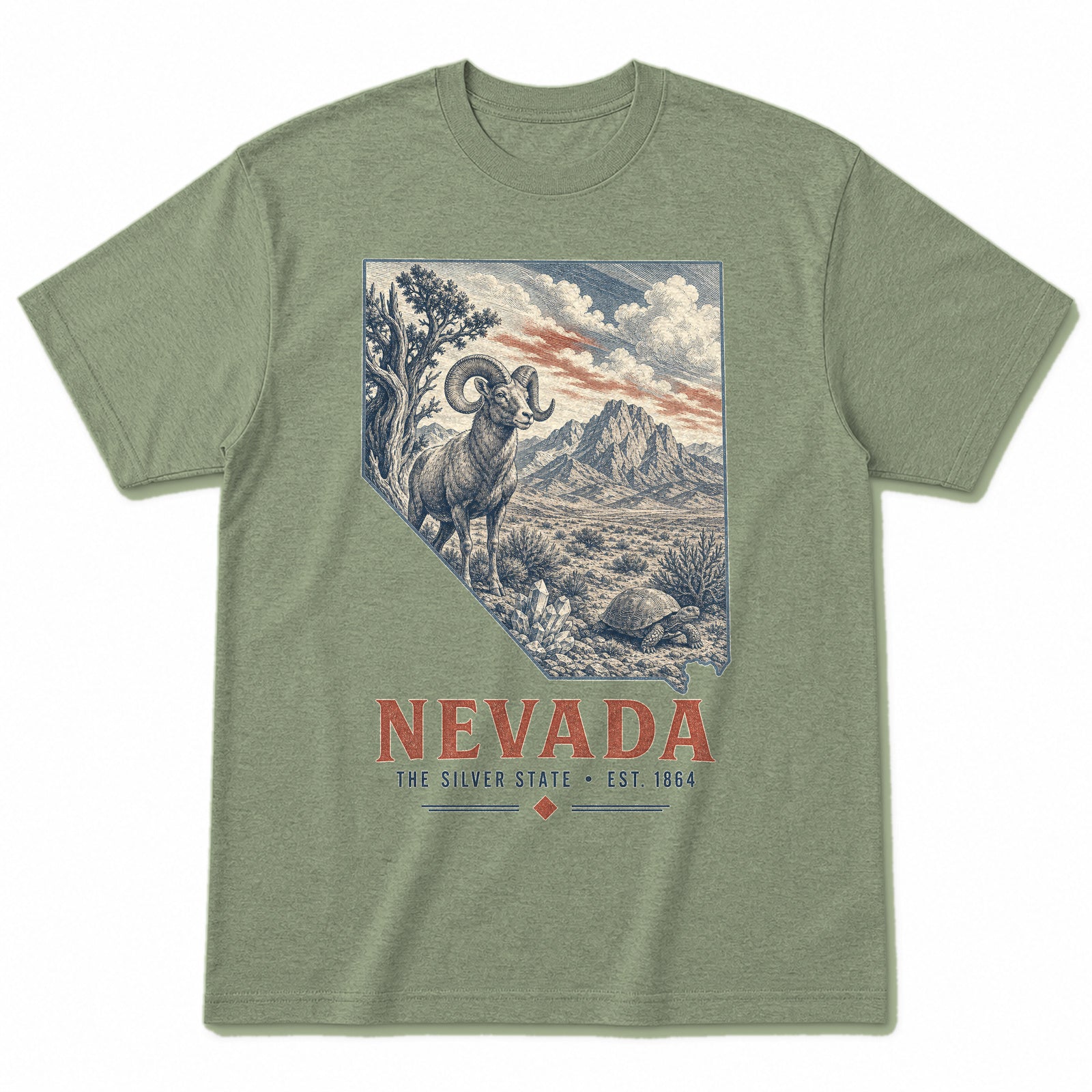 Vintage Nevada State Graphic T-Shirt in Light Sage Green, front view on a white background