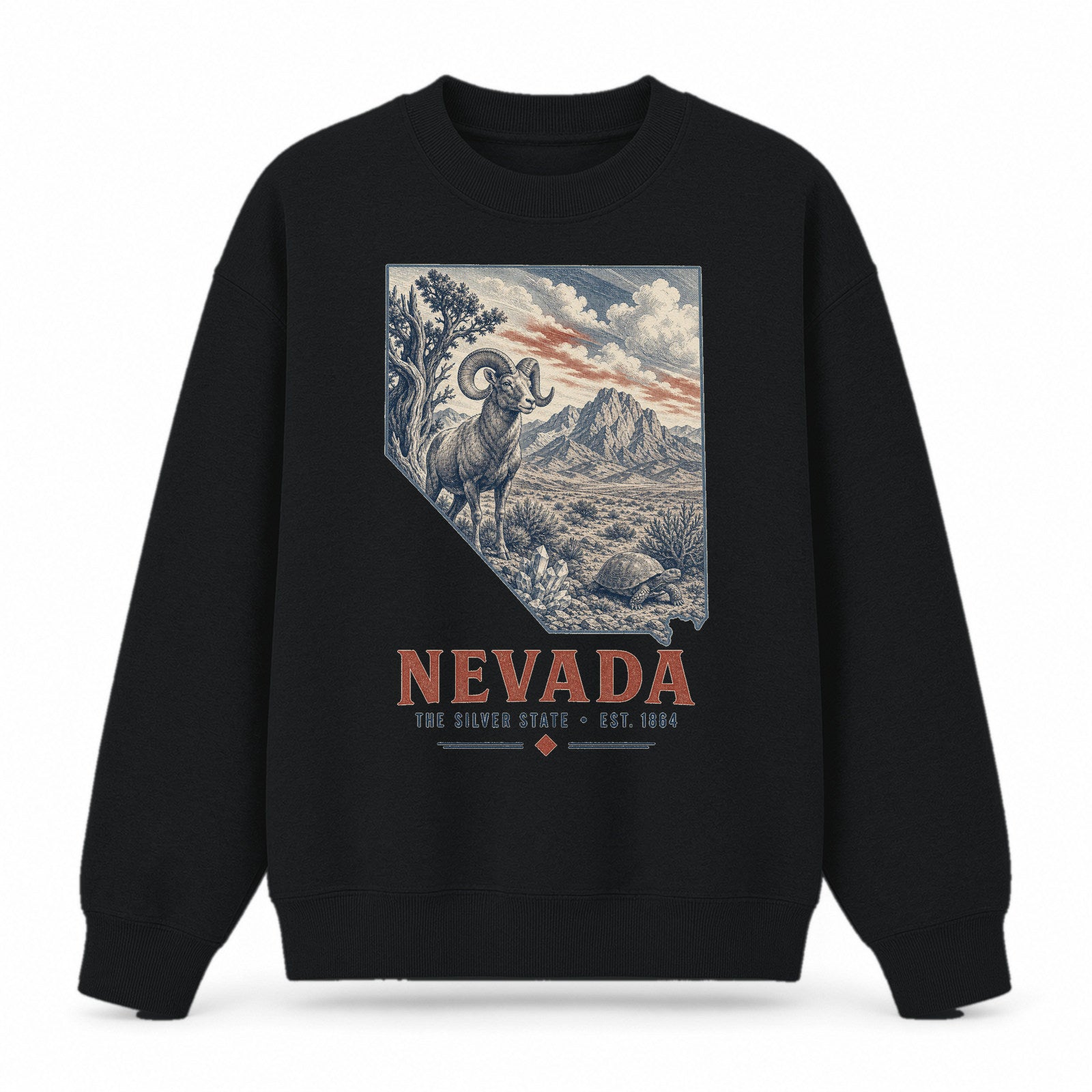 Vintage Nevada State Graphic Crewneck Sweatshirt in Black, front view on a white background