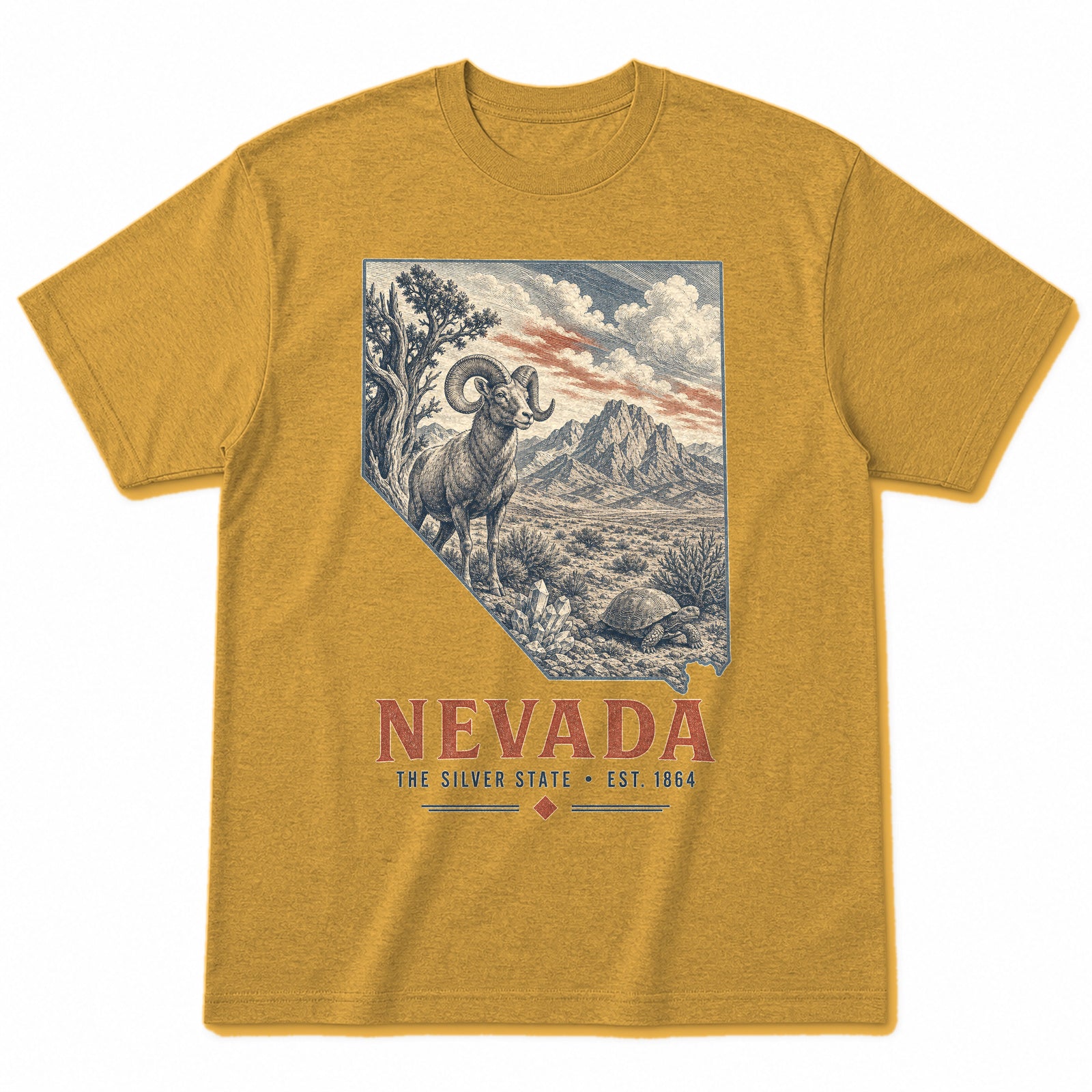 Vintage Nevada State Graphic T-Shirt in Vintage Mustard Yellow, front view on a white background