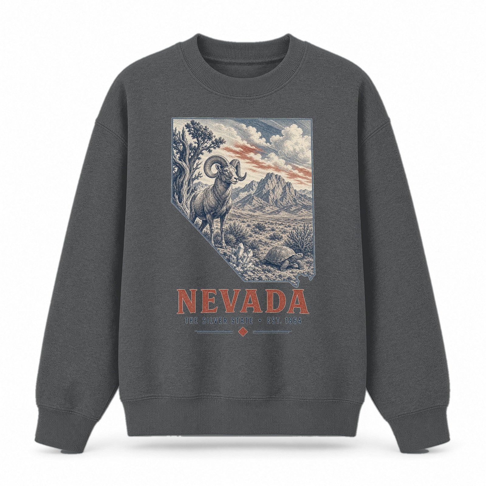 Vintage Nevada State Graphic Crewneck Sweatshirt in Dark Gray, front view on a white background