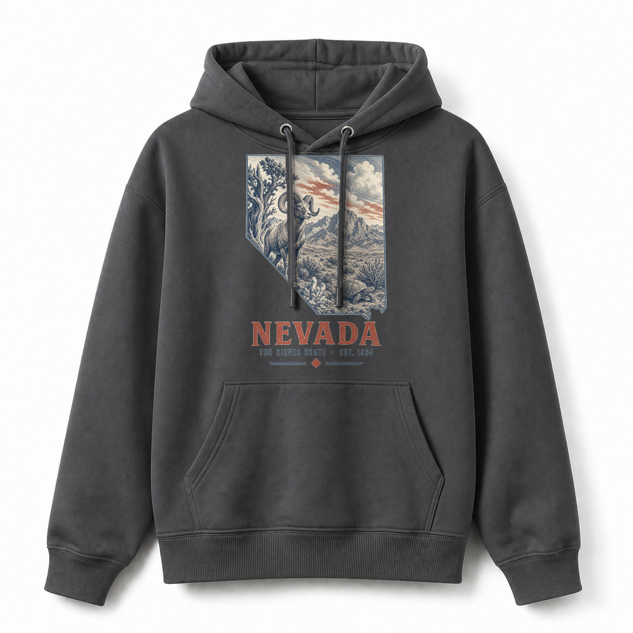 Vintage Nevada State Graphic Pullover Hoodie in Dark Gray, front view on a white background