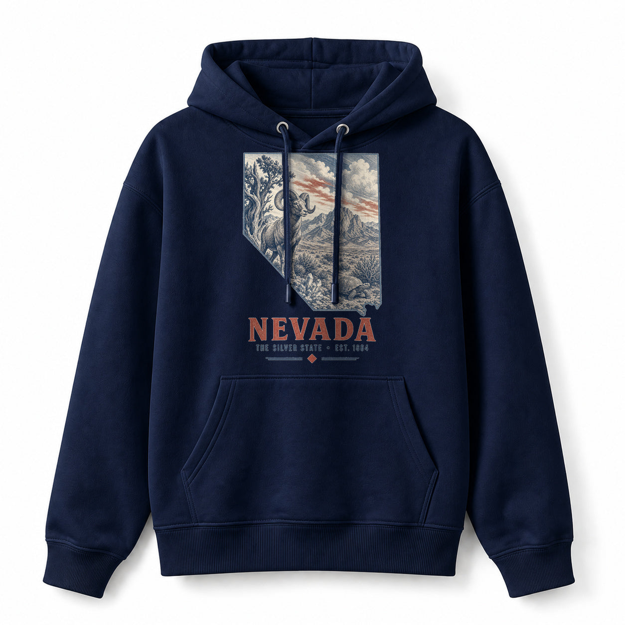 Vintage Nevada State Graphic Pullover Hoodie in Navy, front view on a white background