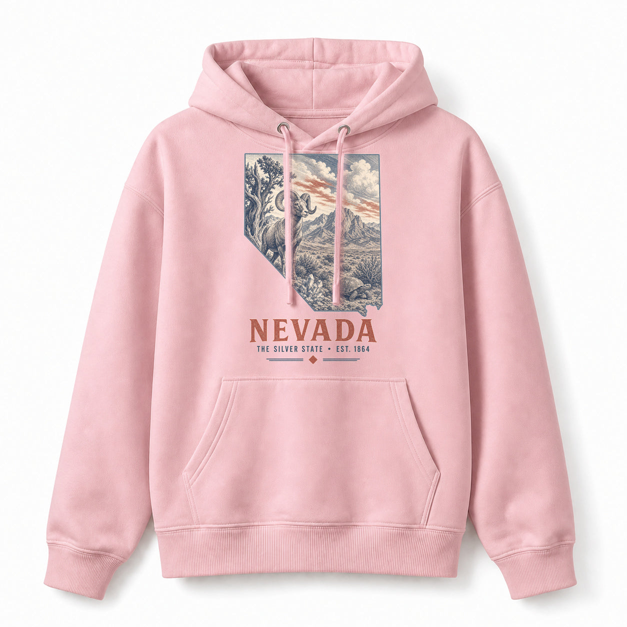 Vintage Nevada State Graphic Pullover Hoodie in Light Pink, front view on a white background