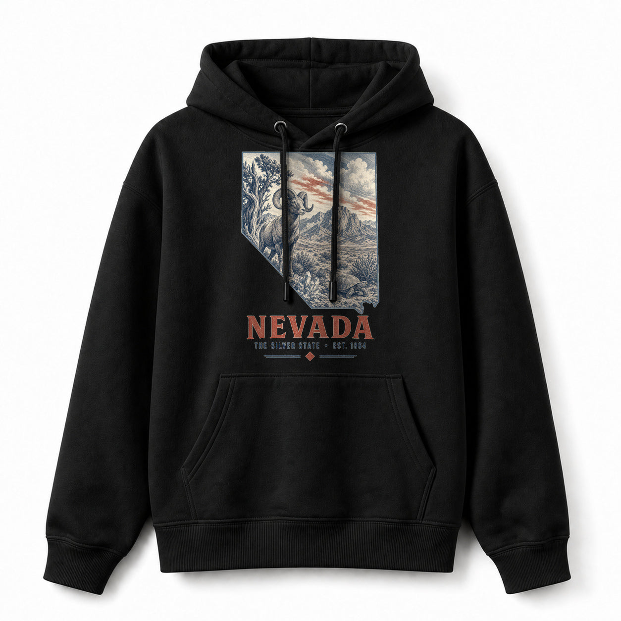 Vintage Nevada State Graphic Pullover Hoodie in Black, front view on a white background