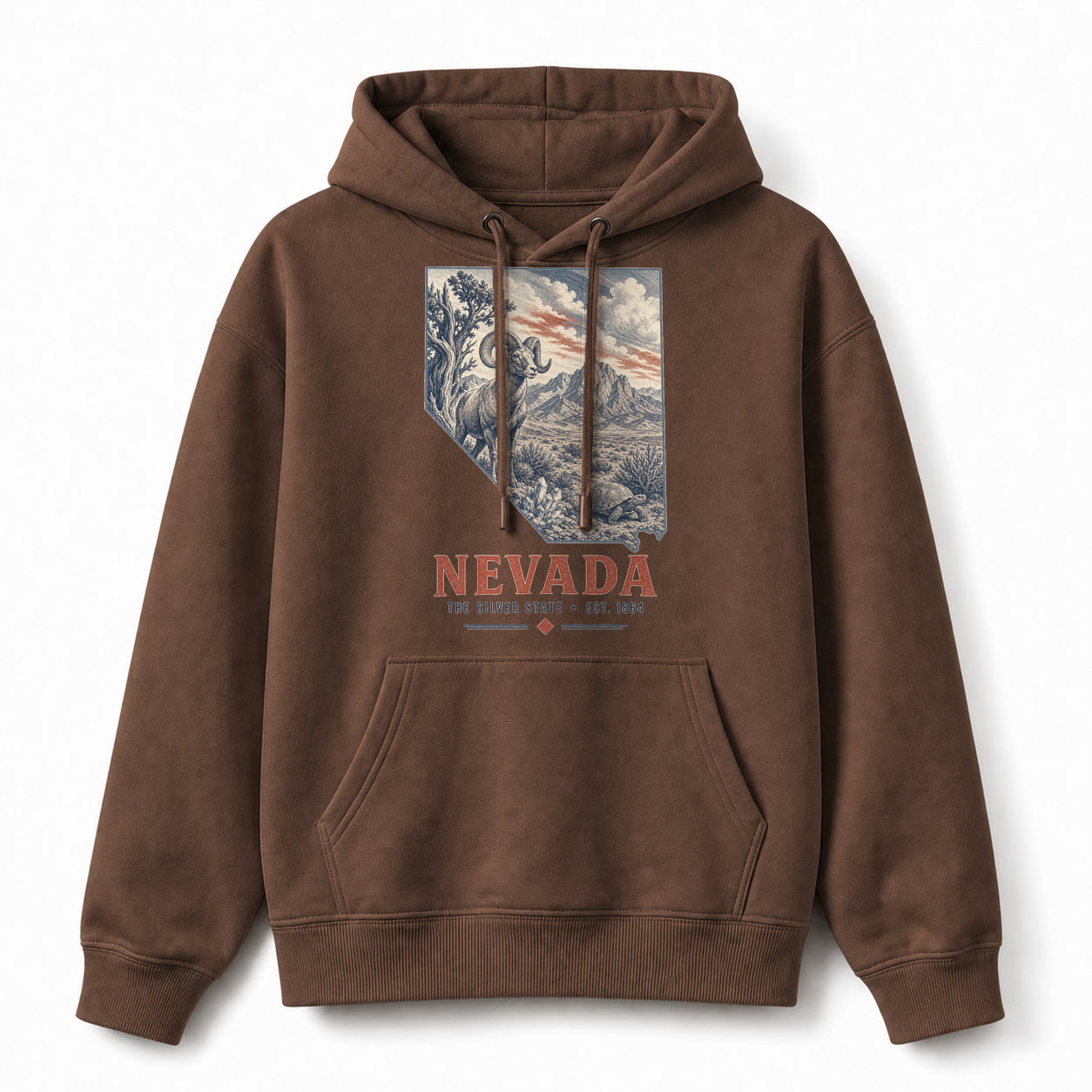 Vintage Nevada State Graphic Pullover Hoodie in Coffee Brown, front view on a white background