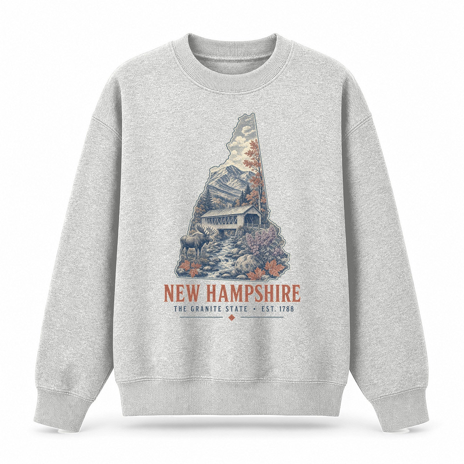 Vintage New Hampshire State Graphic Crewneck Sweatshirt in Light Gray, front view on a white background