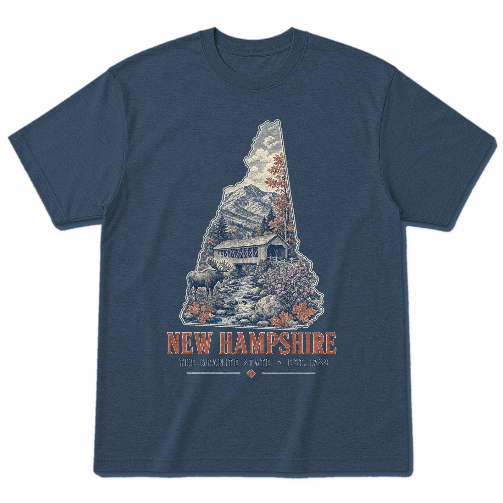 Vintage New Hampshire State Graphic T-Shirt in Washed Navy, front view on a white background