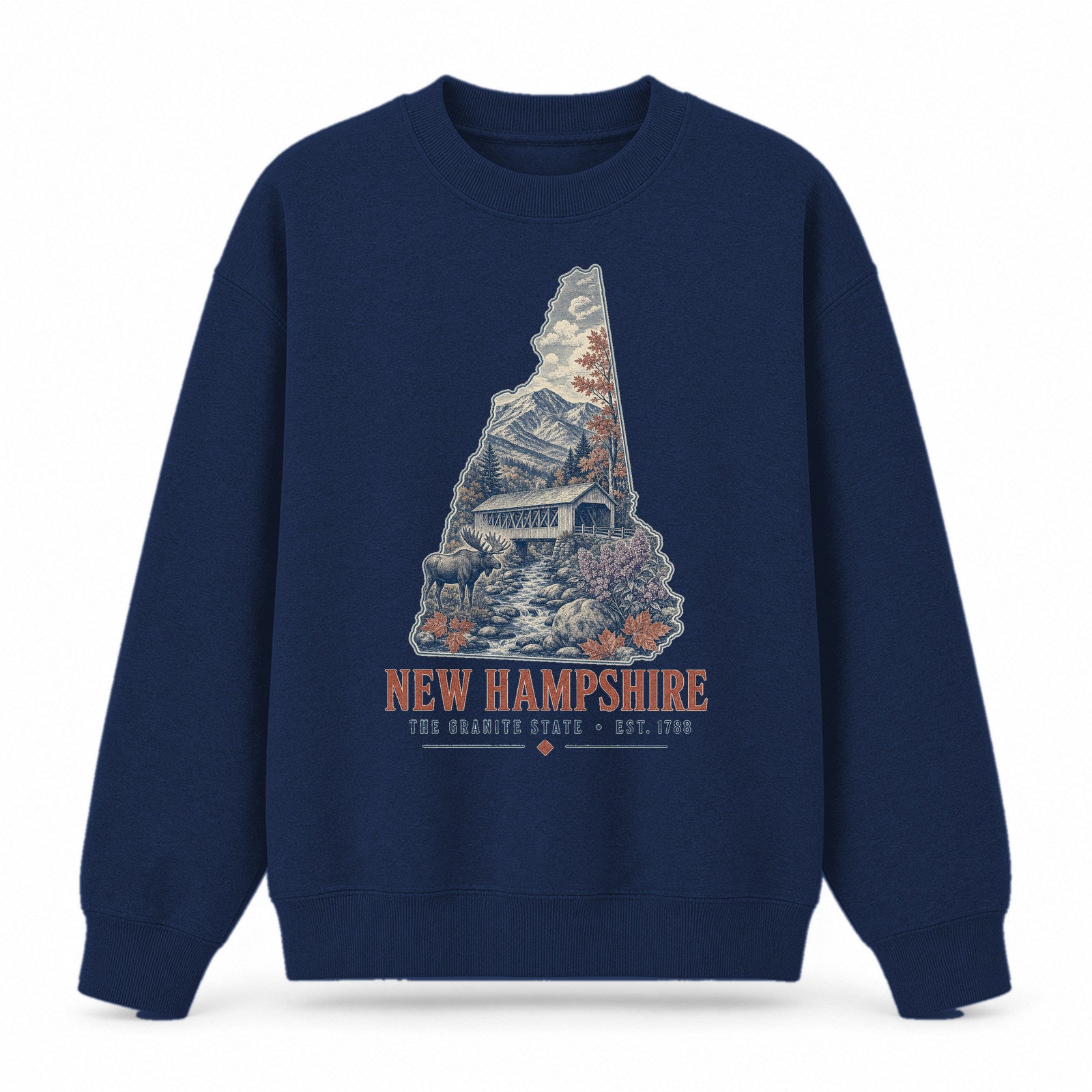 Vintage New Hampshire State Graphic Crewneck Sweatshirt in Navy, front view on a white background