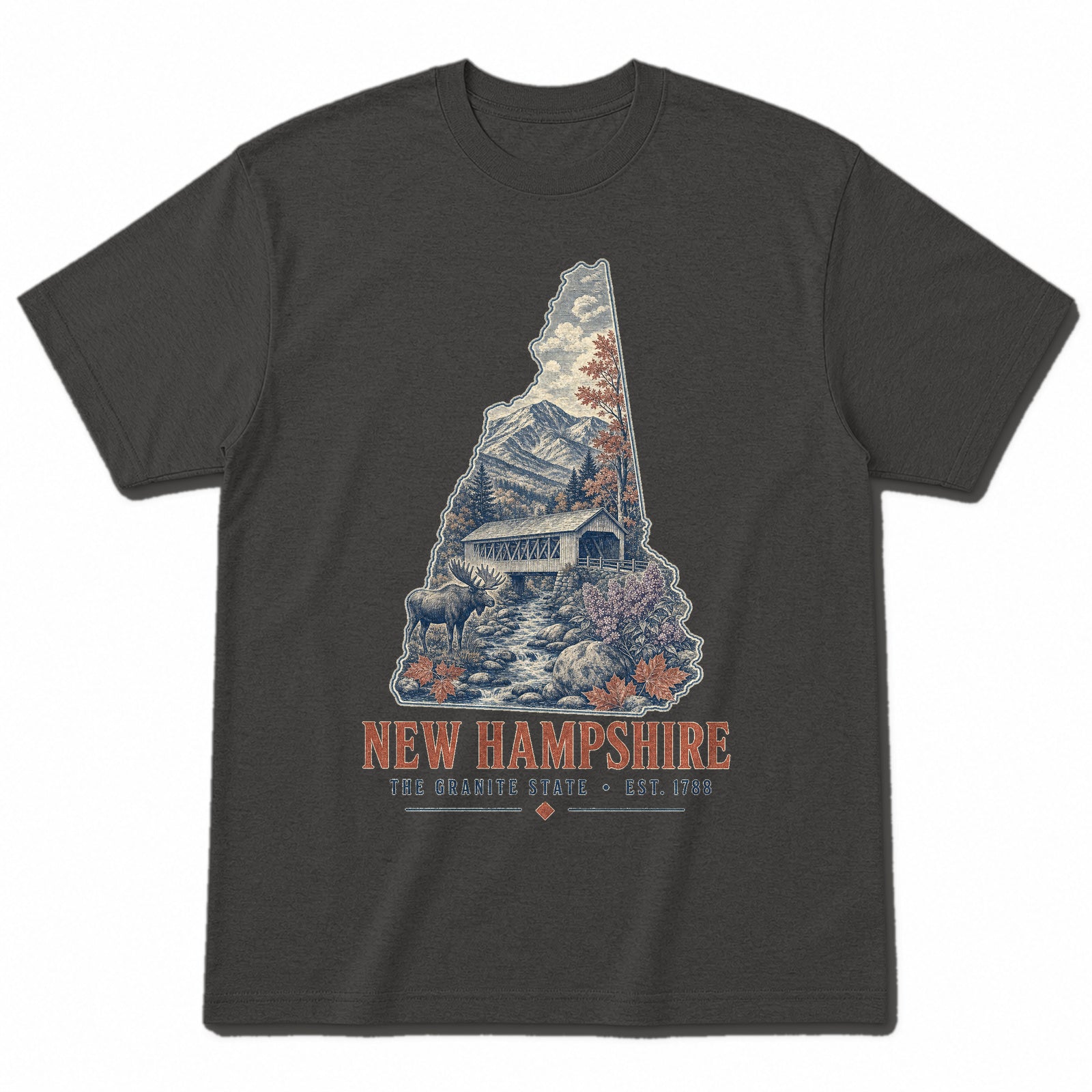 Vintage New Hampshire State Graphic T-Shirt in Vintage Charcoal, front view on a white background