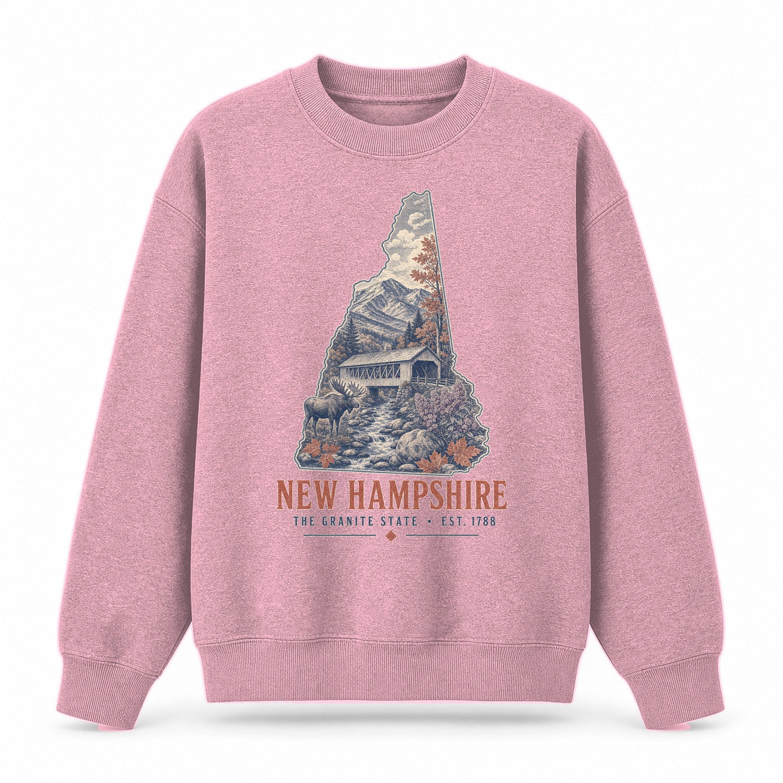 Vintage New Hampshire State Graphic Crewneck Sweatshirt in Pink, front view on a white background
