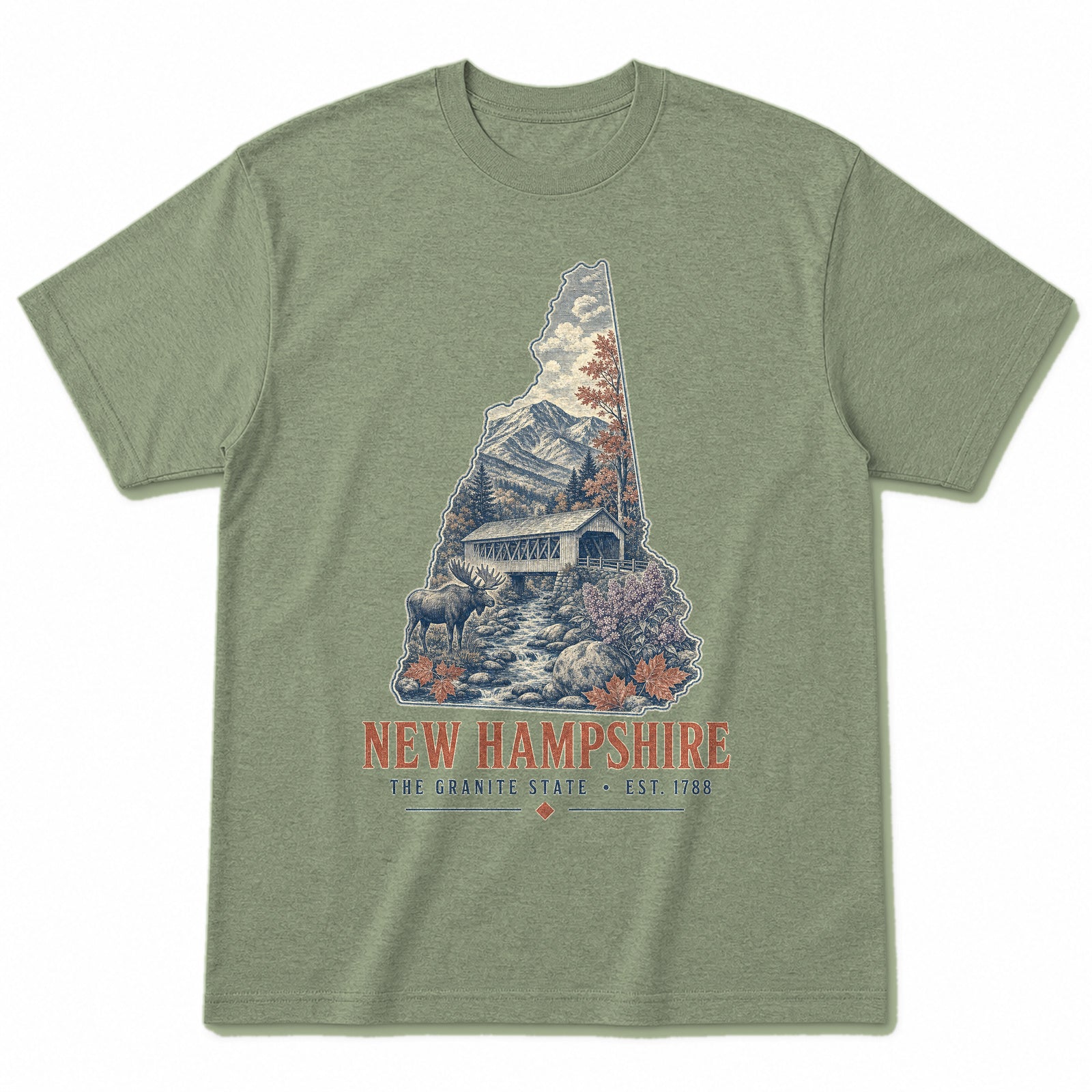 Vintage New Hampshire State Graphic T-Shirt in Light Sage Green, front view on a white background