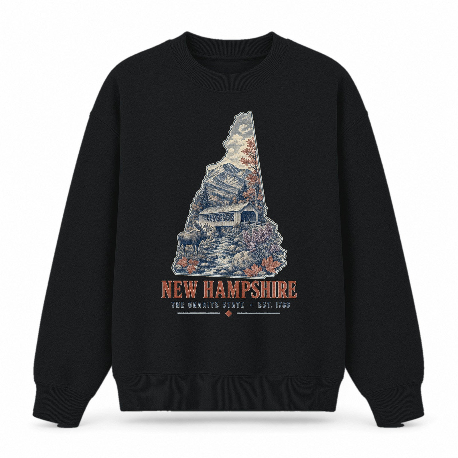 Vintage New Hampshire State Graphic Crewneck Sweatshirt in Black, front view on a white background