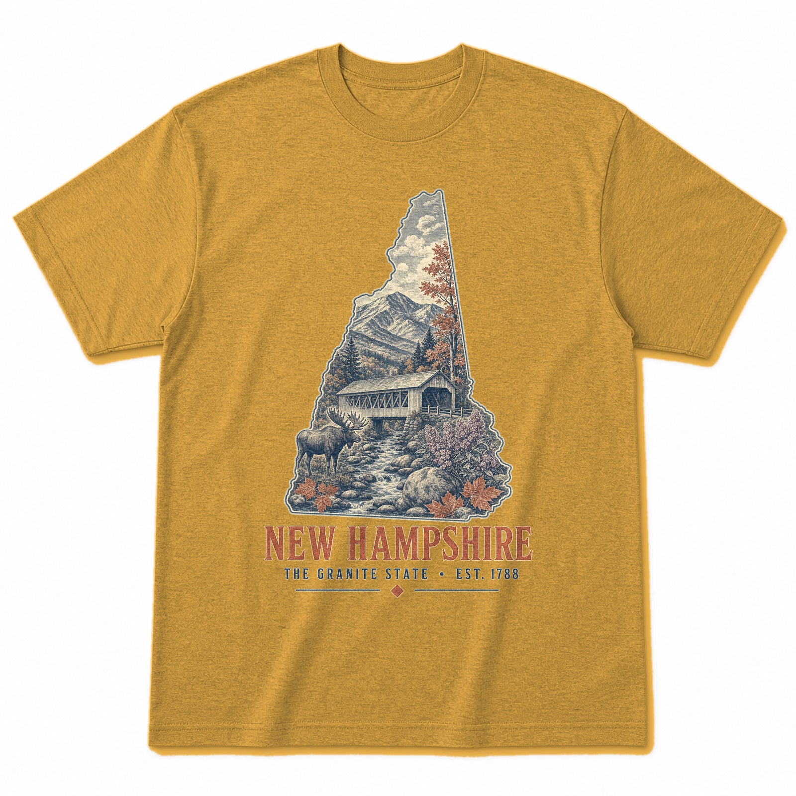 Vintage New Hampshire State Graphic T-Shirt in Vintage Mustard Yellow, front view on a white background