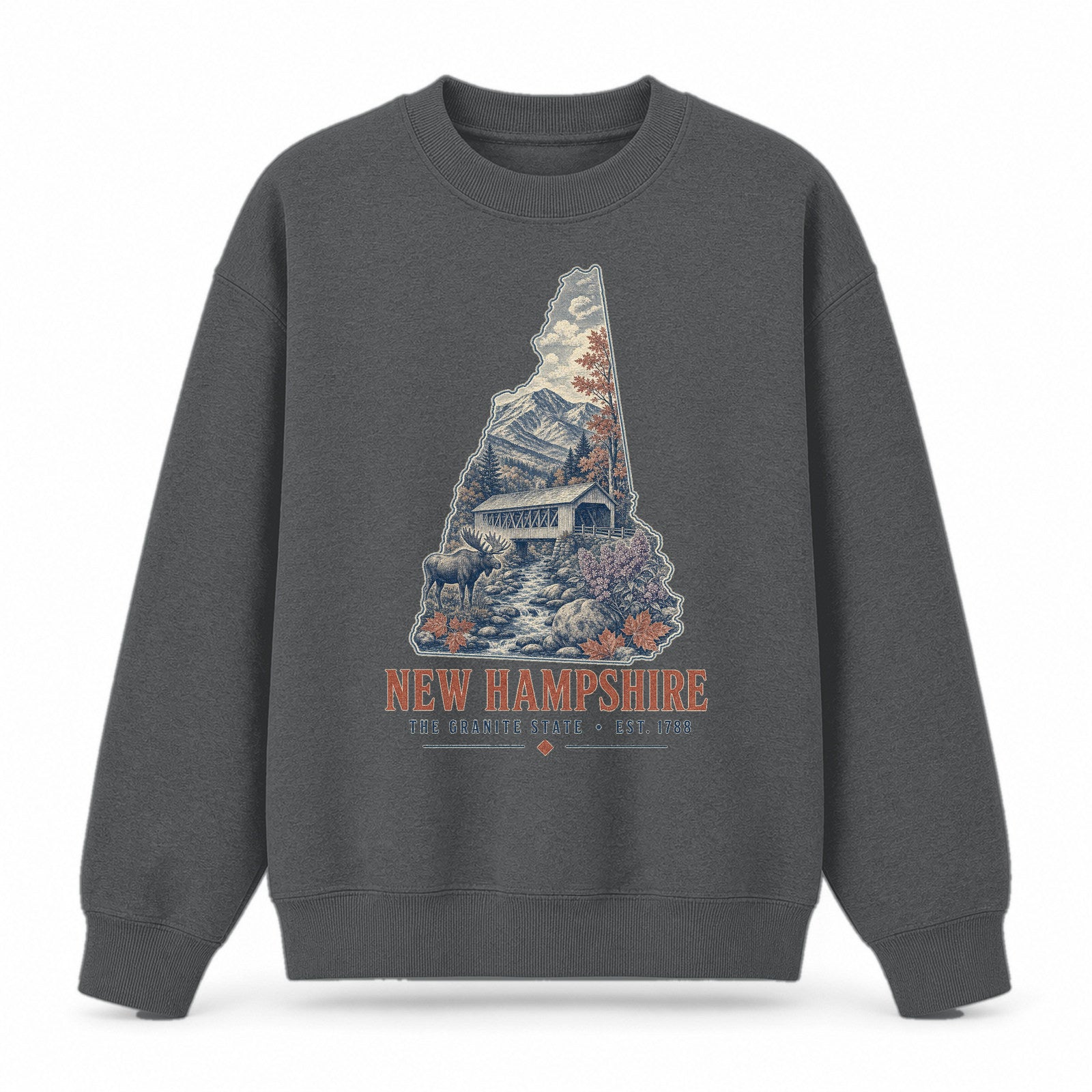 Vintage New Hampshire State Graphic Crewneck Sweatshirt in Dark Gray, front view on a white background