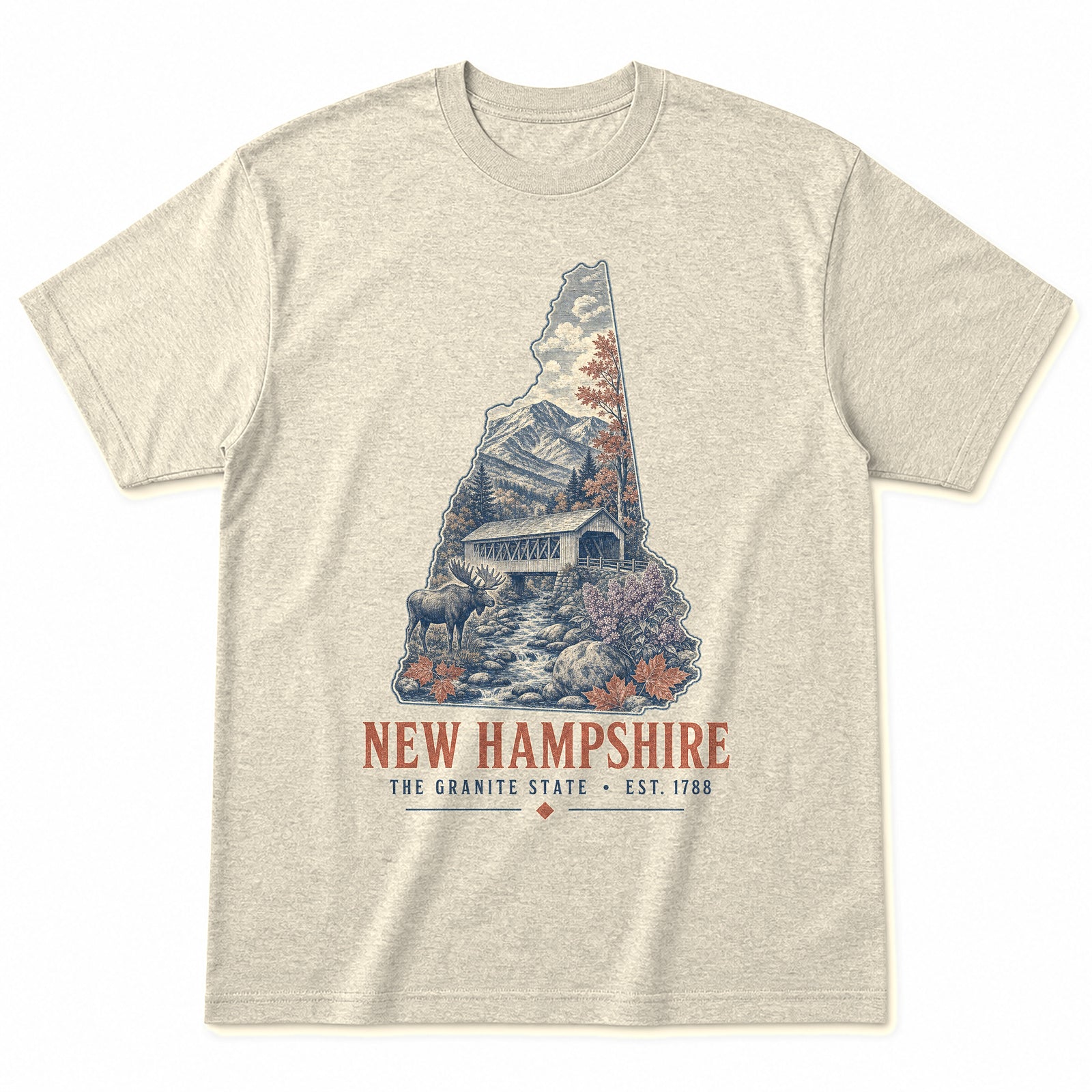 Vintage New Hampshire State Graphic T-Shirt in Natural Cream, front view on a white background