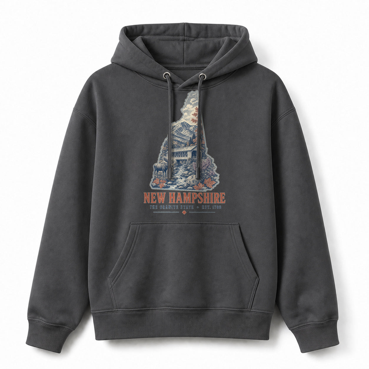 Vintage New Hampshire State Graphic Pullover Hoodie in Dark Gray, front view on a white background