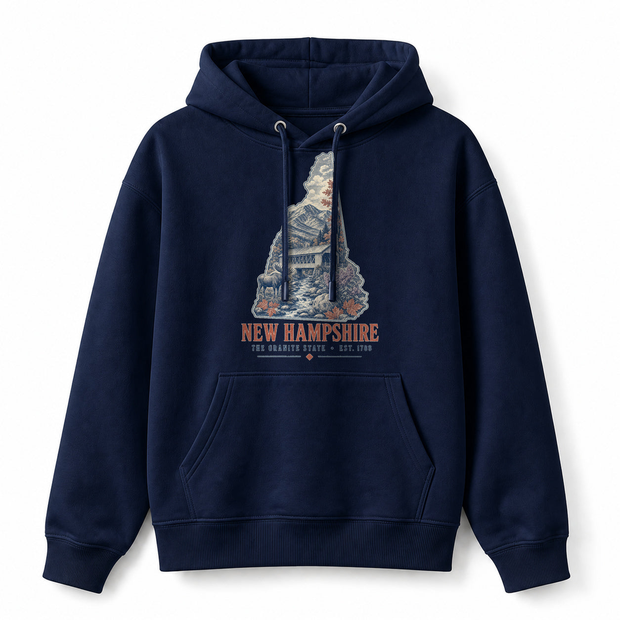 Vintage New Hampshire State Graphic Pullover Hoodie in Navy, front view on a white background