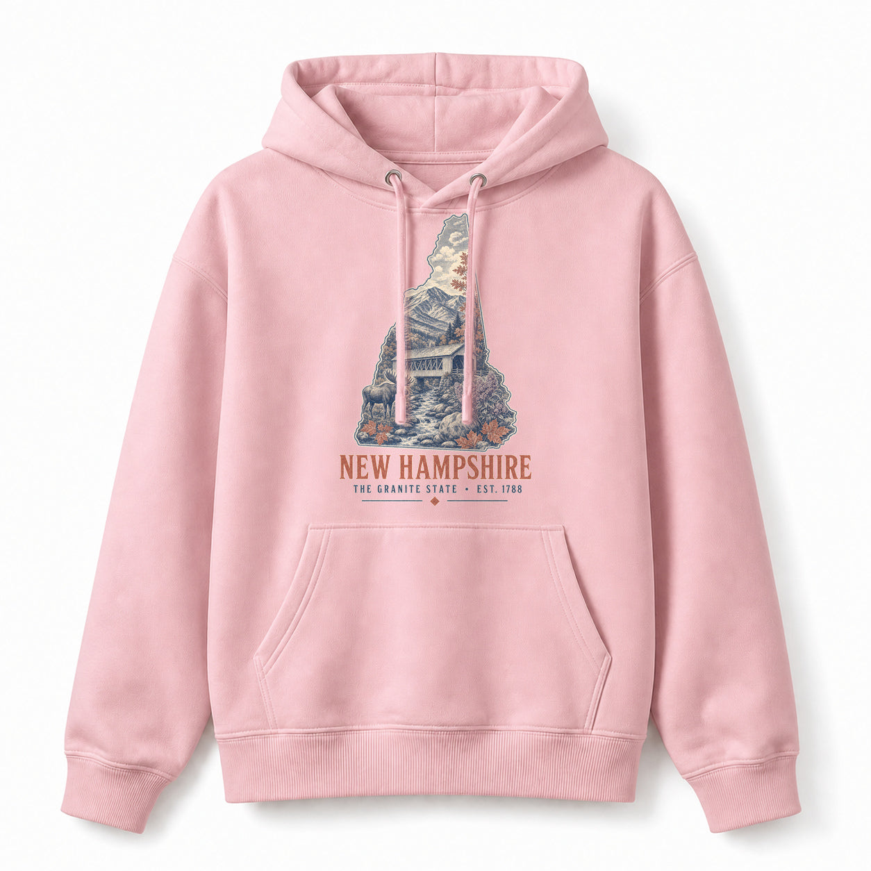 Vintage New Hampshire State Graphic Pullover Hoodie in Light Pink, front view on a white background