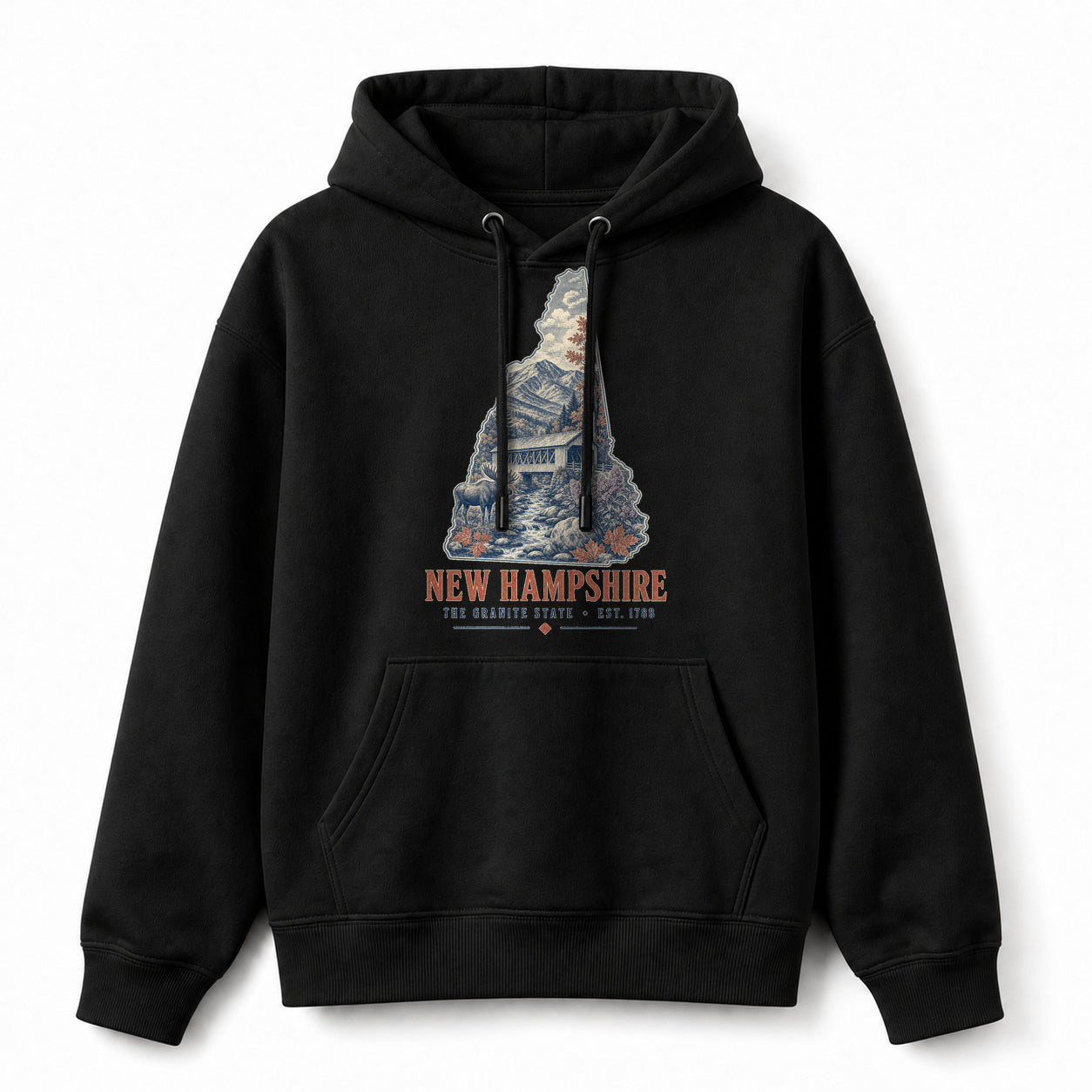 Vintage New Hampshire State Graphic Pullover Hoodie in Black, front view on a white background