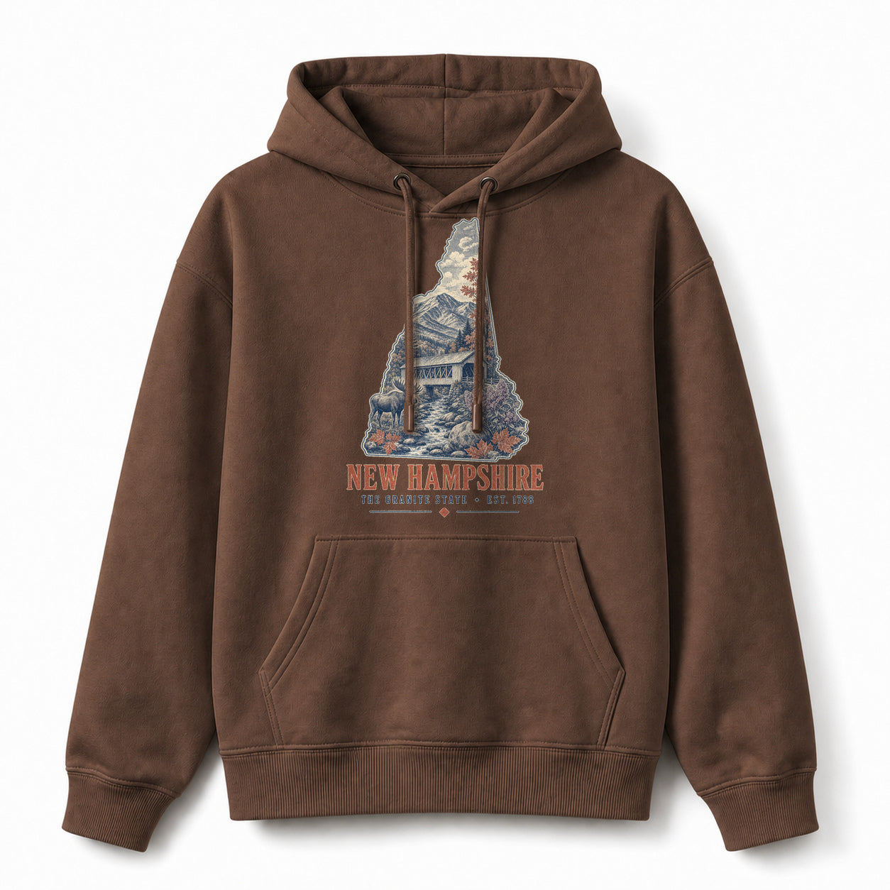 Vintage New Hampshire State Graphic Pullover Hoodie in Coffee Brown, front view on a white background