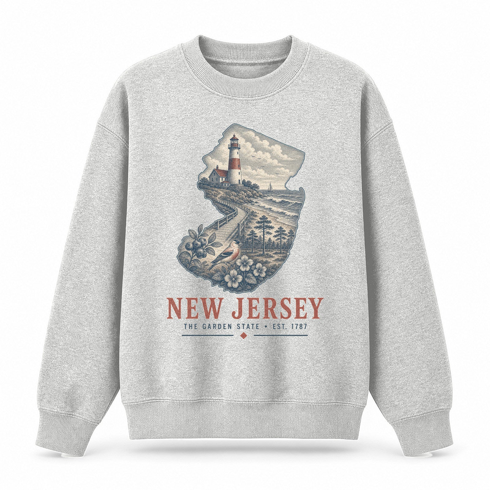 Vintage New Jersey State Graphic Crewneck Sweatshirt in Light Gray, front view on a white background