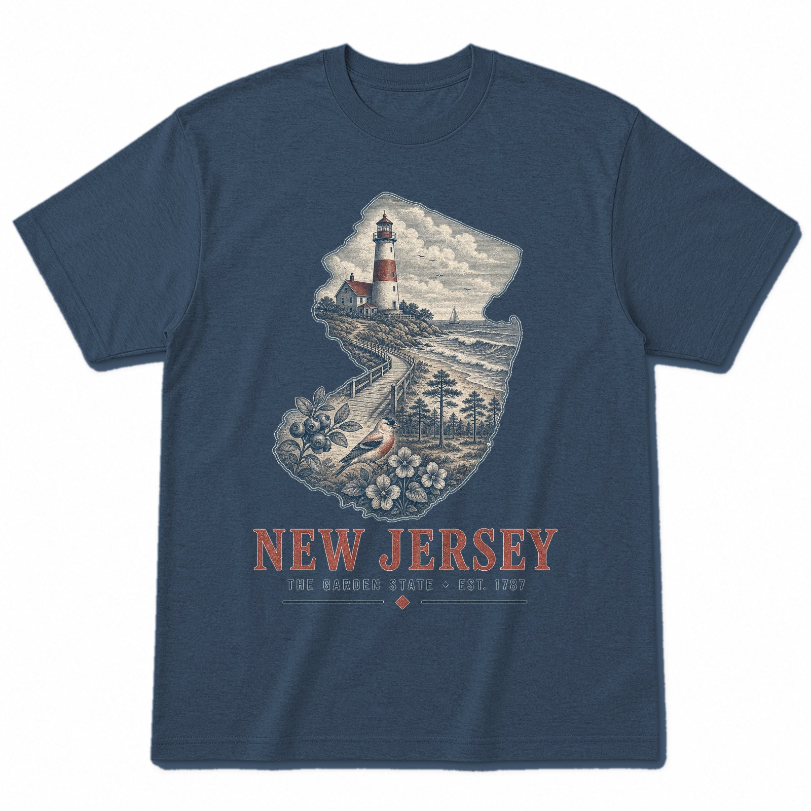 Vintage New Jersey State Graphic T-Shirt in Washed Navy, front view on a white background