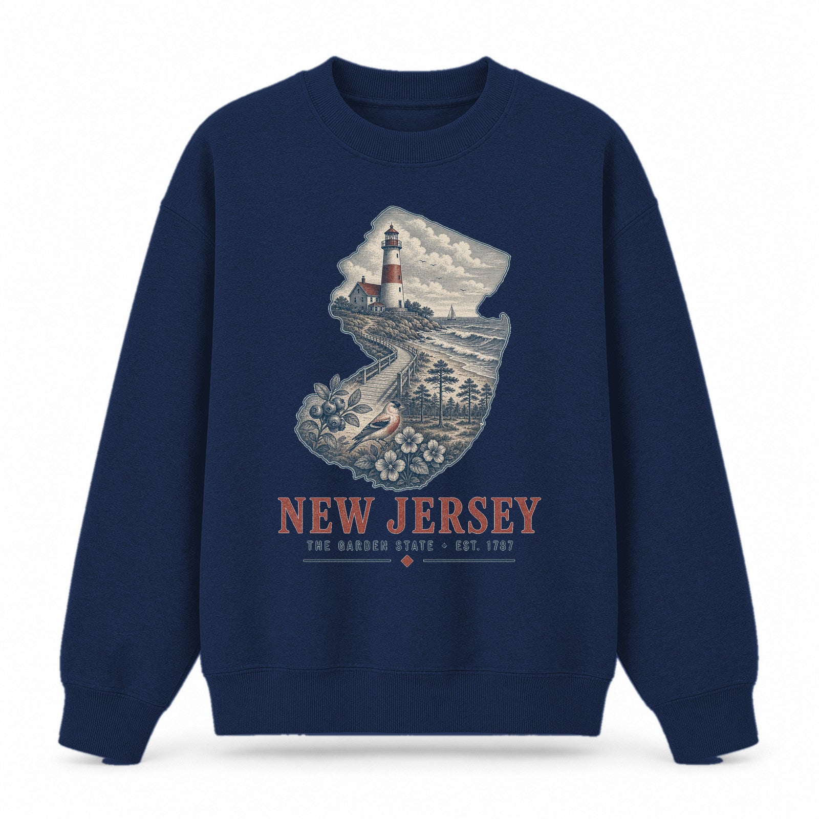 Vintage New Jersey State Graphic Crewneck Sweatshirt in Navy, front view on a white background