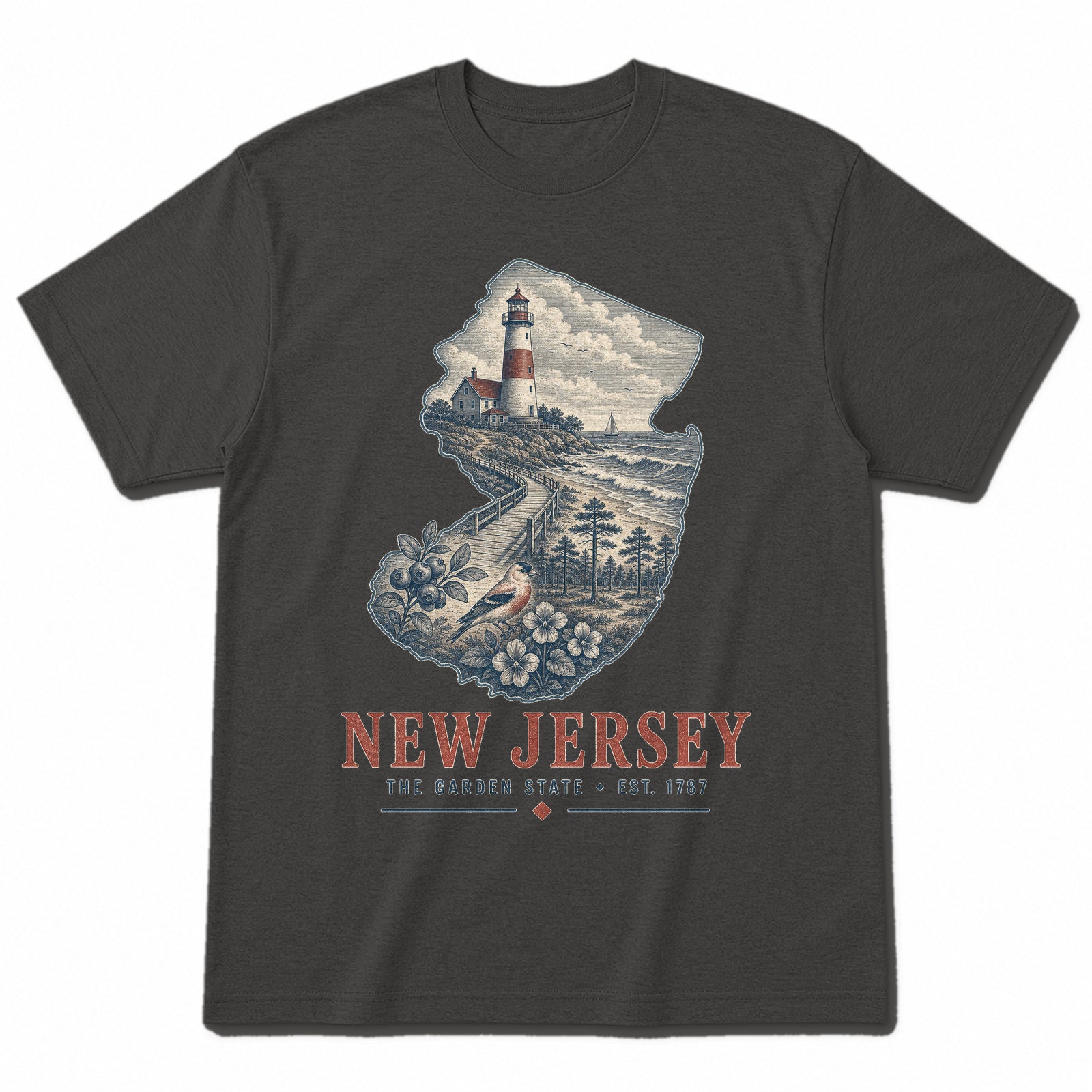 Vintage New Jersey State Graphic T-Shirt in Vintage Charcoal, front view on a white background