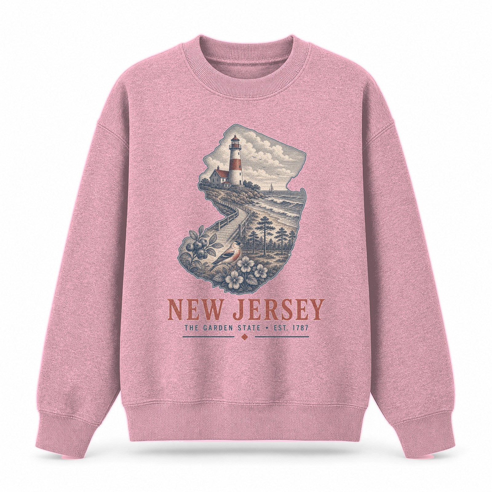 Vintage New Jersey State Graphic Crewneck Sweatshirt in Pink, front view on a white background