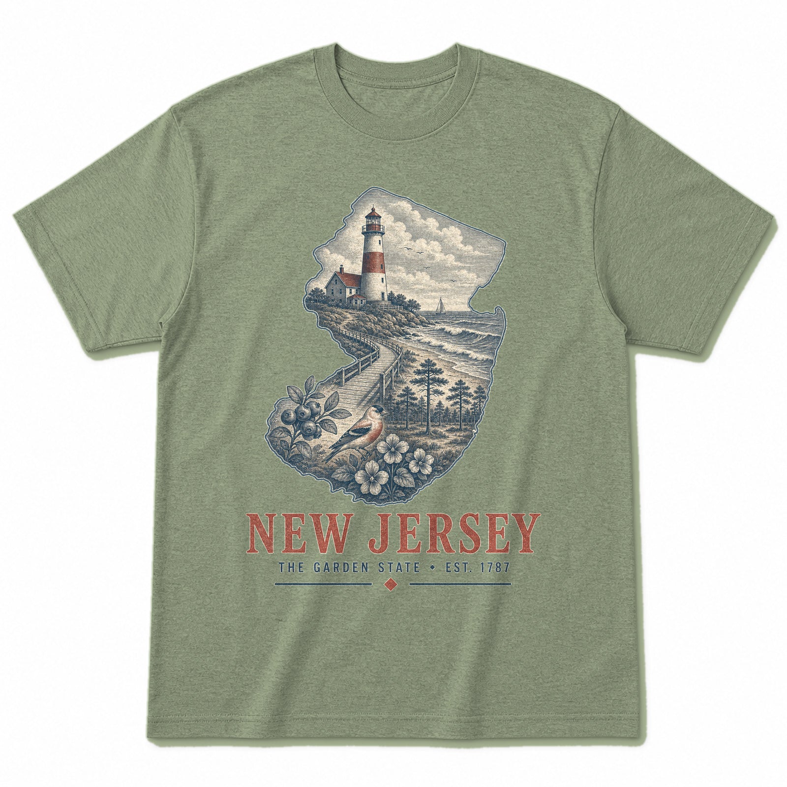 Vintage New Jersey State Graphic T-Shirt in Light Sage Green, front view on a white background
