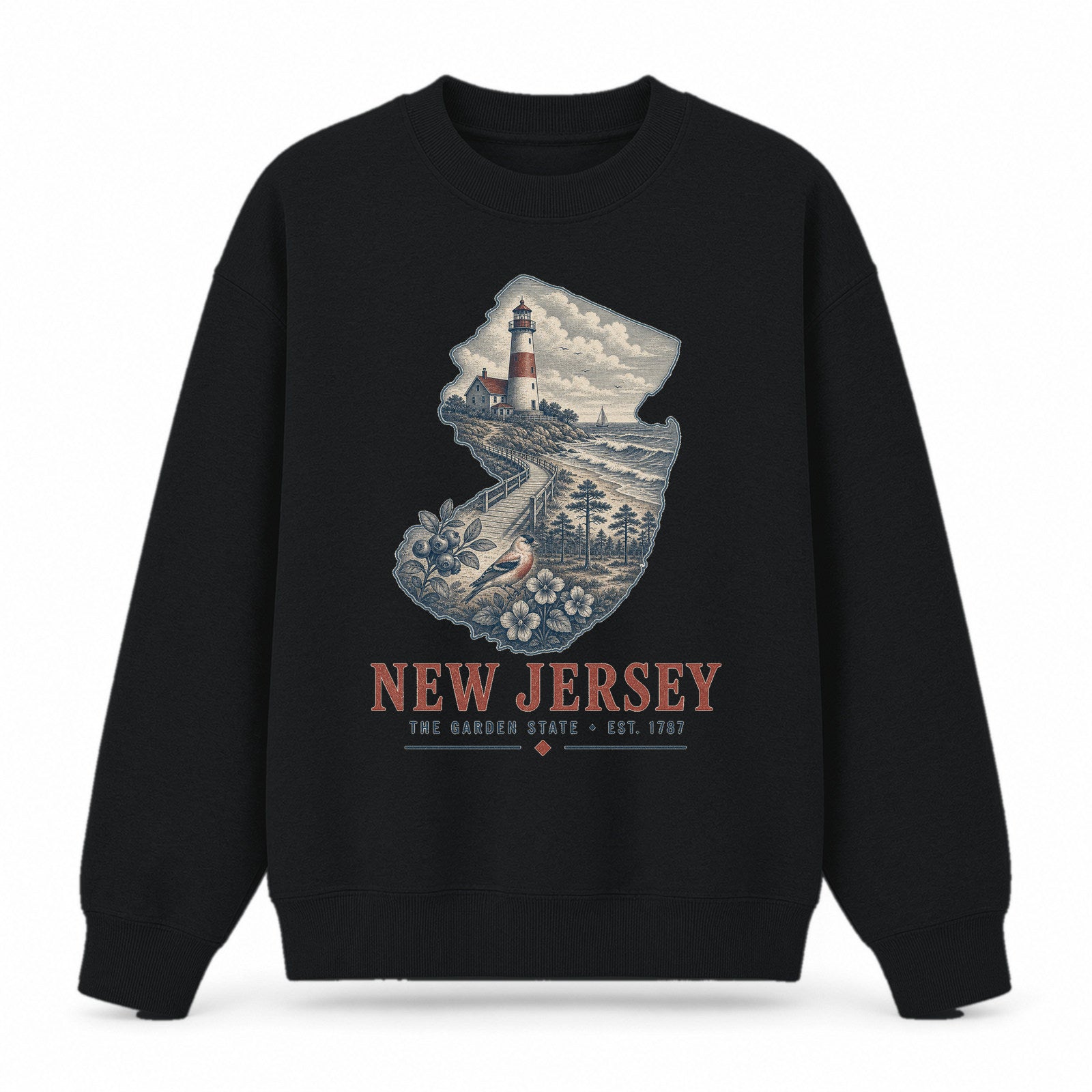 Vintage New Jersey State Graphic Crewneck Sweatshirt in Black, front view on a white background
