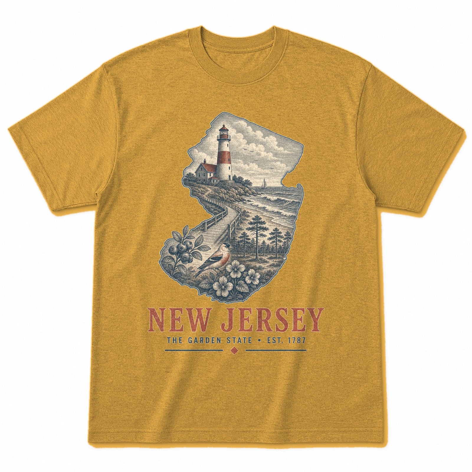 Vintage New Jersey State Graphic T-Shirt in Vintage Mustard Yellow, front view on a white background