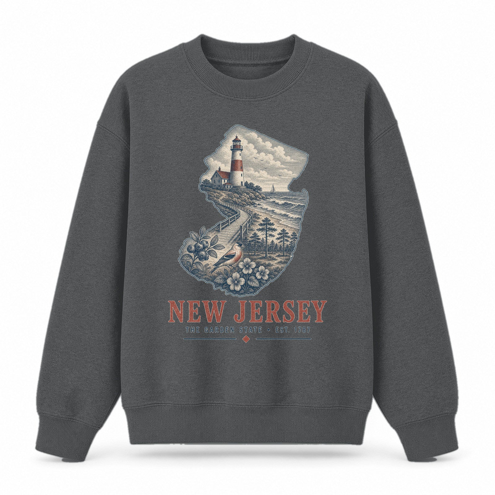 Vintage New Jersey State Graphic Crewneck Sweatshirt in Dark Gray, front view on a white background
