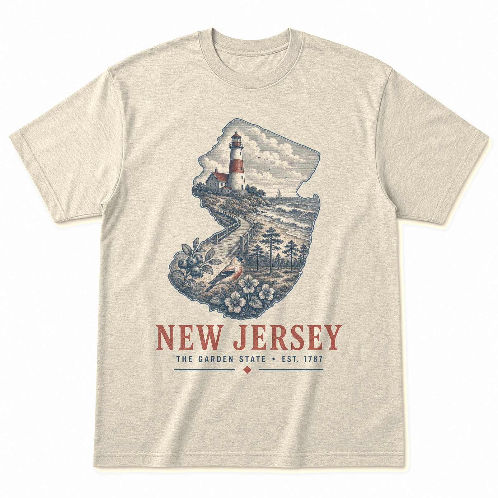 Vintage New Jersey State Graphic T-Shirt in Natural Cream, front view on a white background