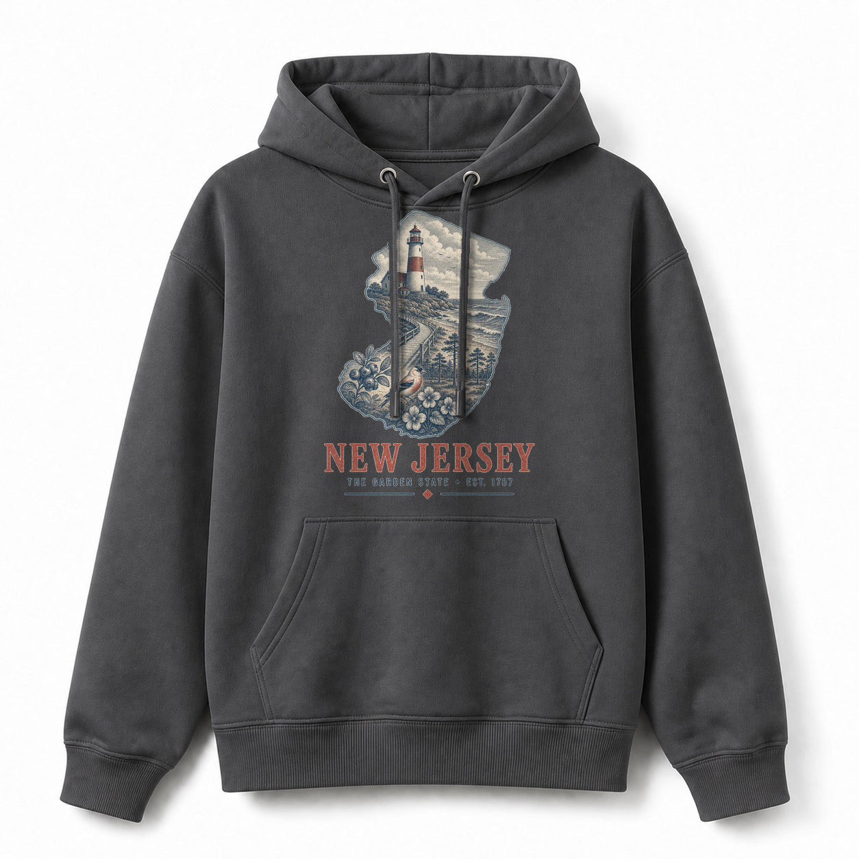 Vintage New Jersey State Graphic Pullover Hoodie in Dark Gray, front view on a white background
