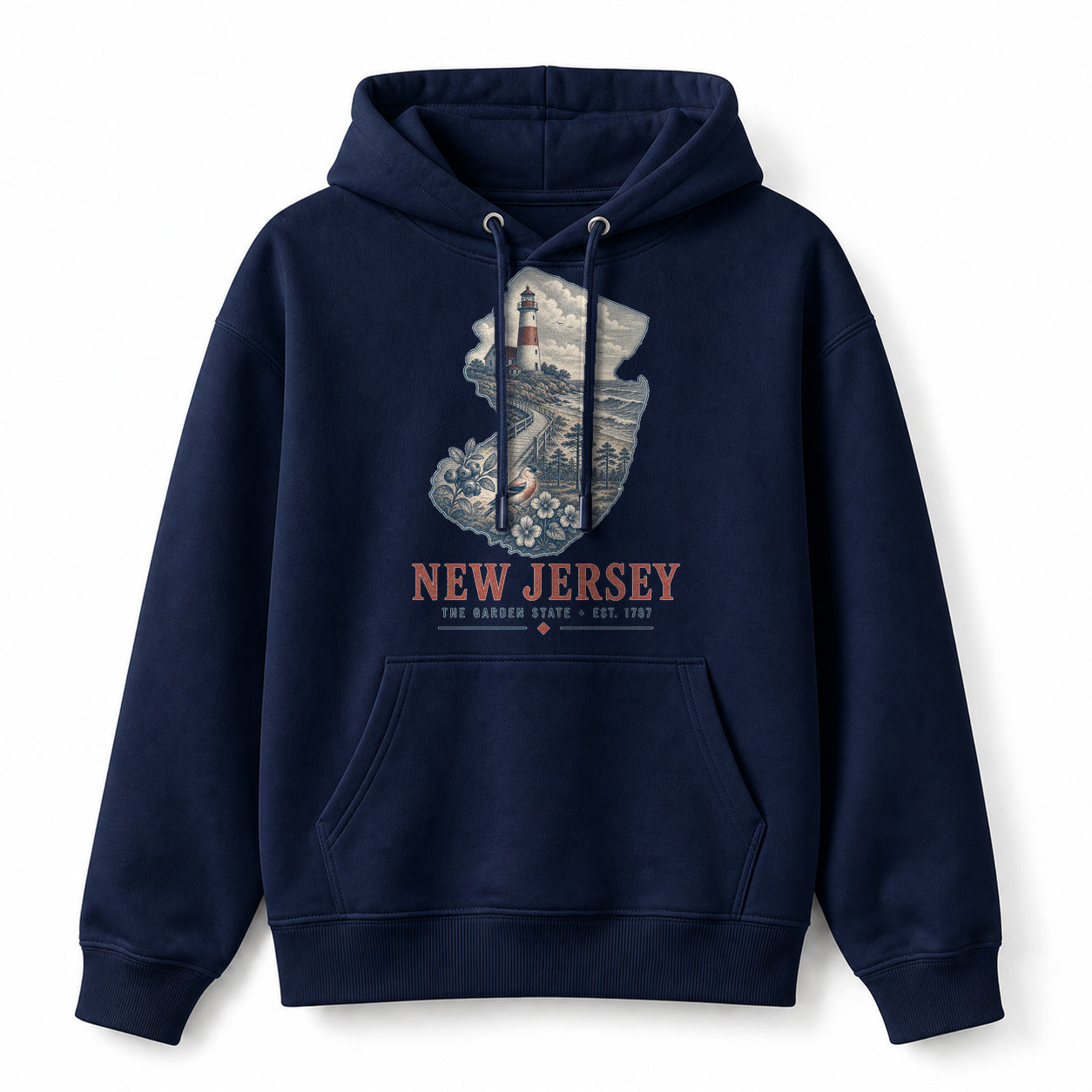 Vintage New Jersey State Graphic Pullover Hoodie in Navy, front view on a white background