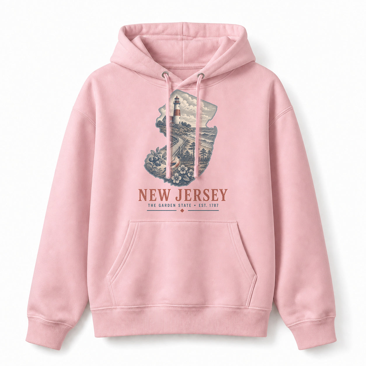 Vintage New Jersey State Graphic Pullover Hoodie in Light Pink, front view on a white background