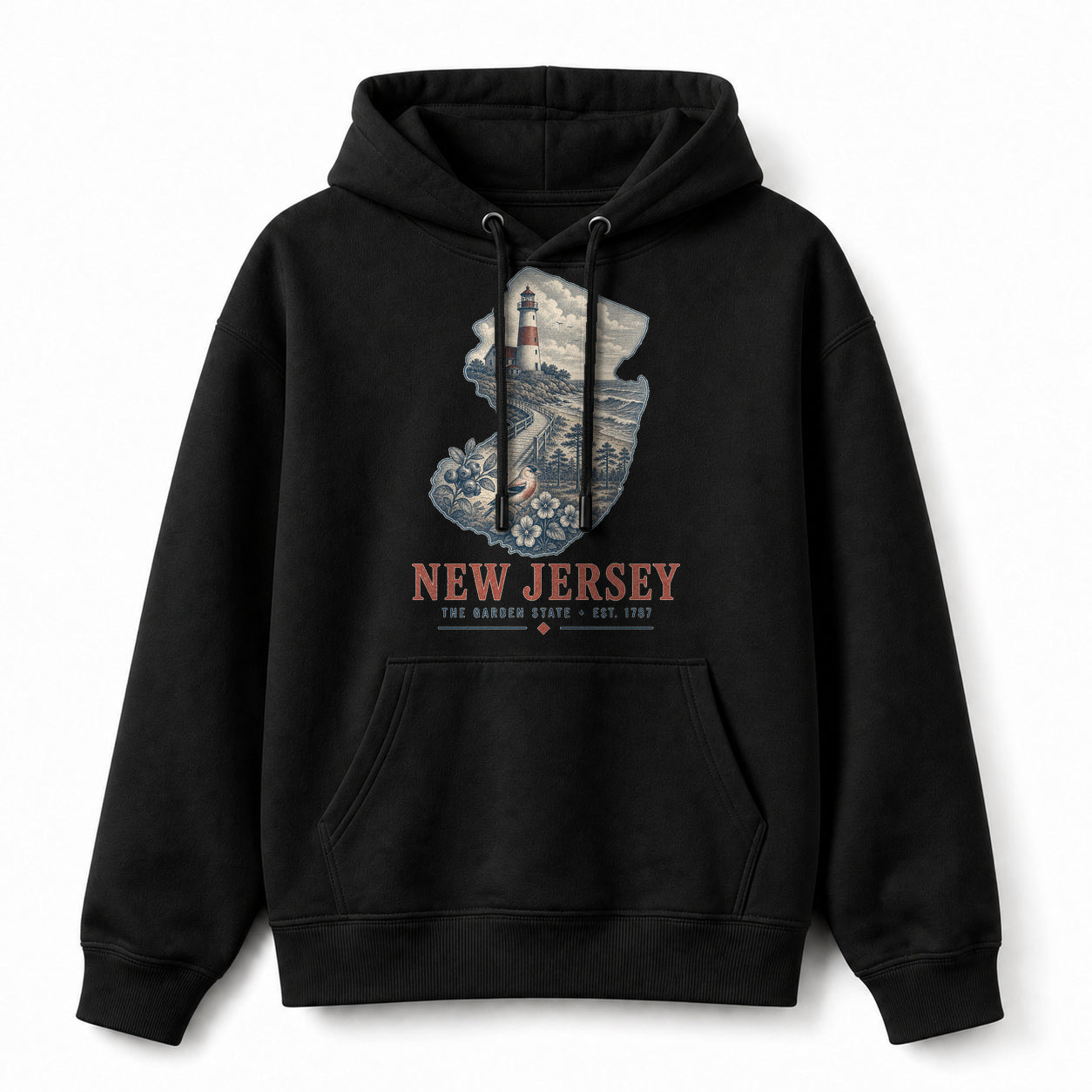 Vintage New Jersey State Graphic Pullover Hoodie in Black, front view on a white background