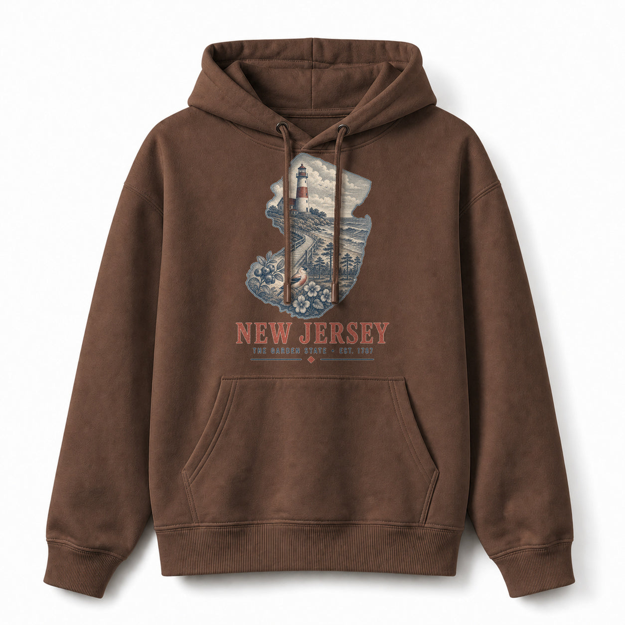 Vintage New Jersey State Graphic Pullover Hoodie in Coffee Brown, front view on a white background