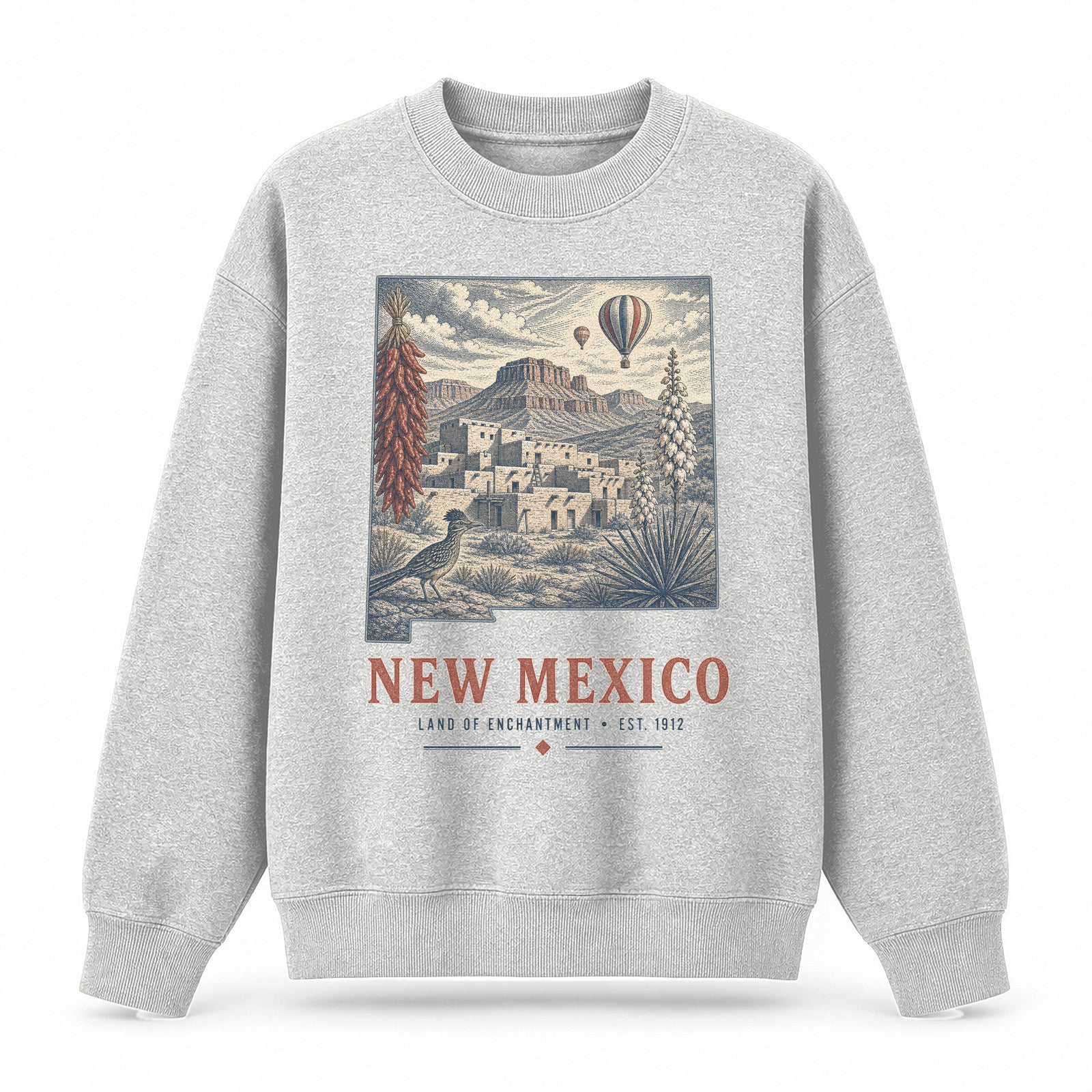 Vintage New Mexico State Graphic Crewneck Sweatshirt in Light Gray, front view on a white background