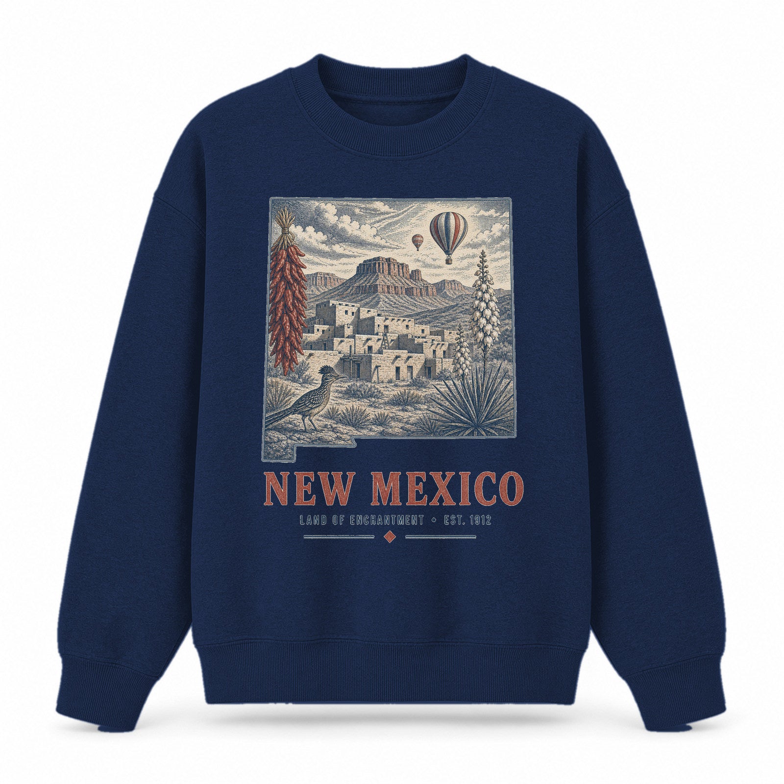 Vintage New Mexico State Graphic Crewneck Sweatshirt in Navy, front view on a white background