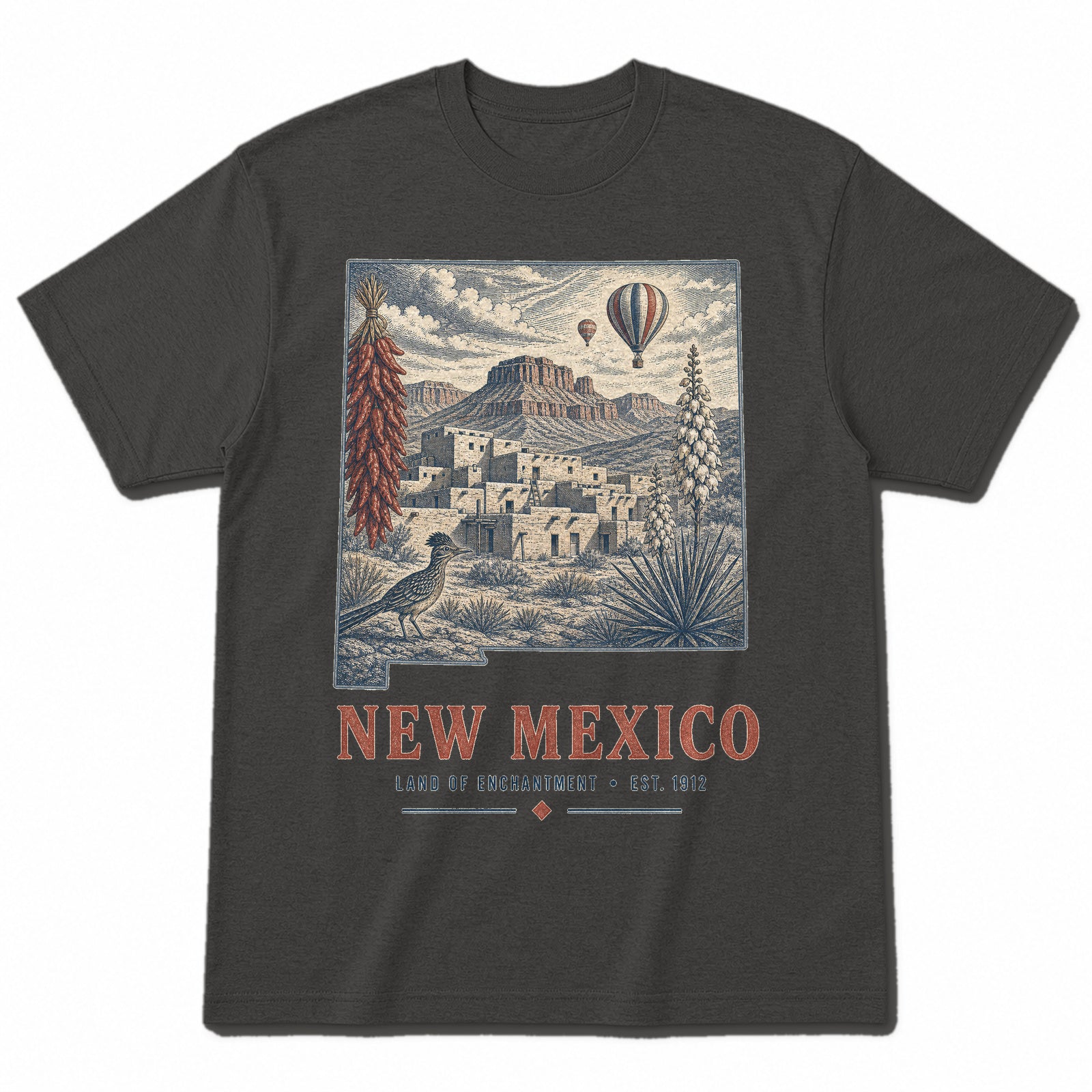 Vintage New Mexico State Graphic T-Shirt in Vintage Charcoal, front view on a white background